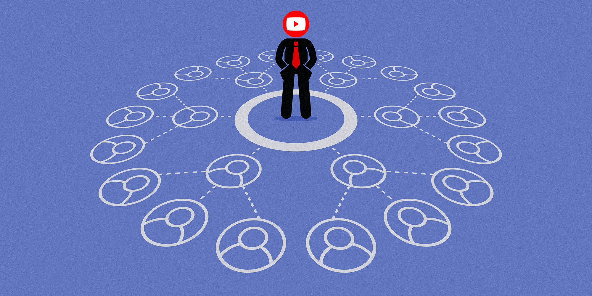 Man in business suit with YouTube logo for head stands in a circle connected to user icons, which are connected to further tiers of user icons