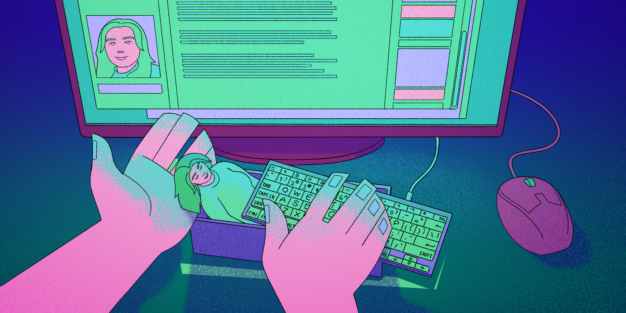 Hands placing small doll into coffin with keyboard top in front of monitor with avatar