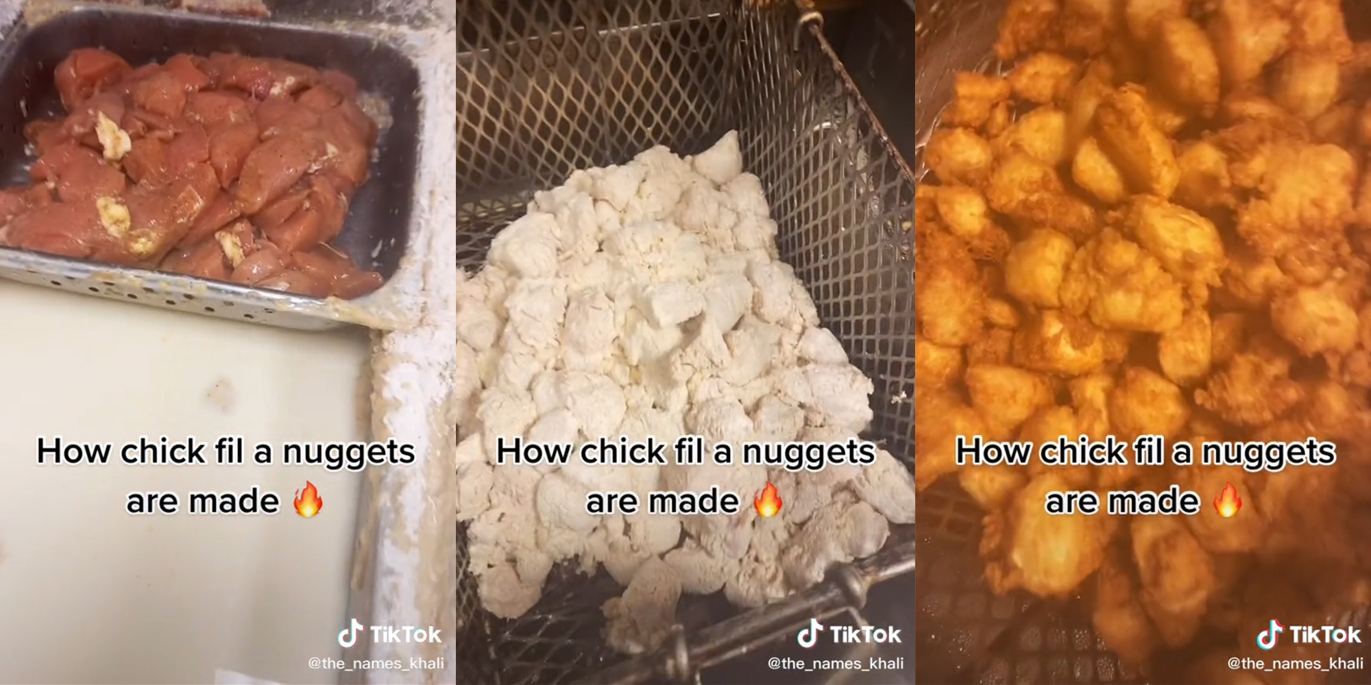 Chicken (l) breaded chicken (c) fried chicken (r) with caption "How chick fil a nuggets are made"