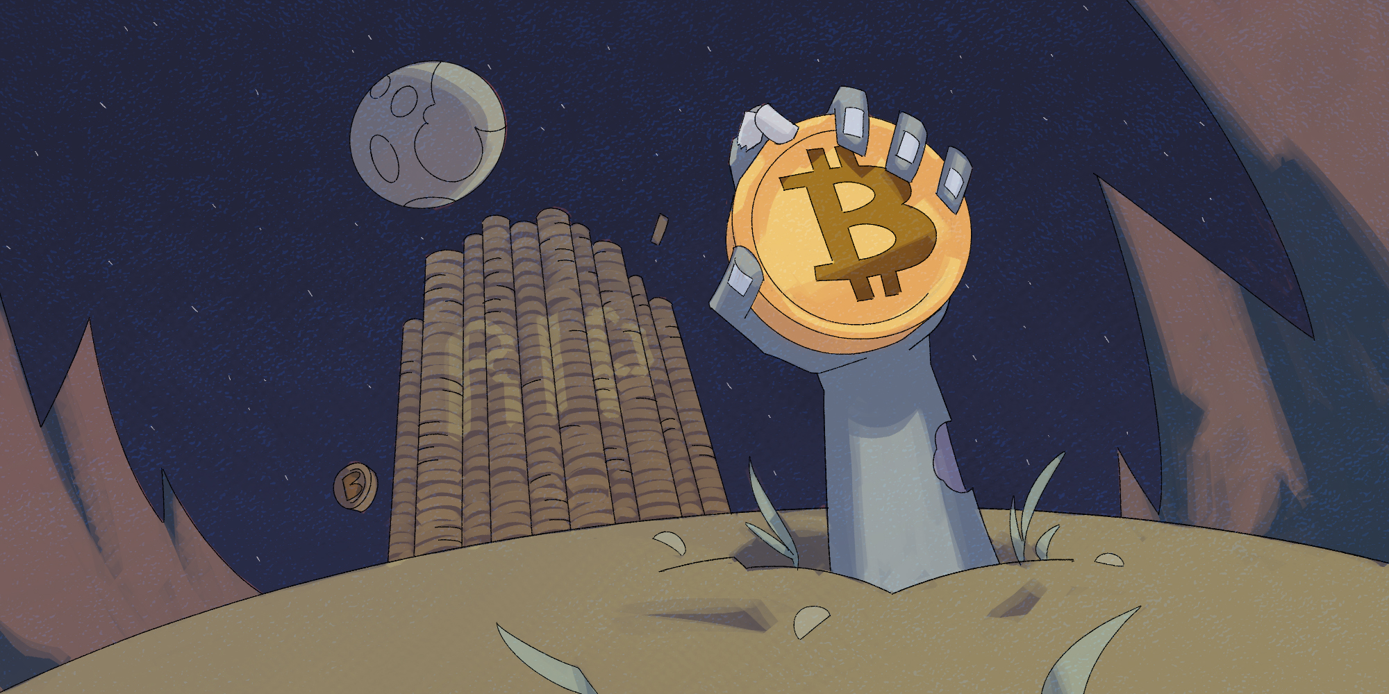 zombie hand coming out of grave, holding bitcoin