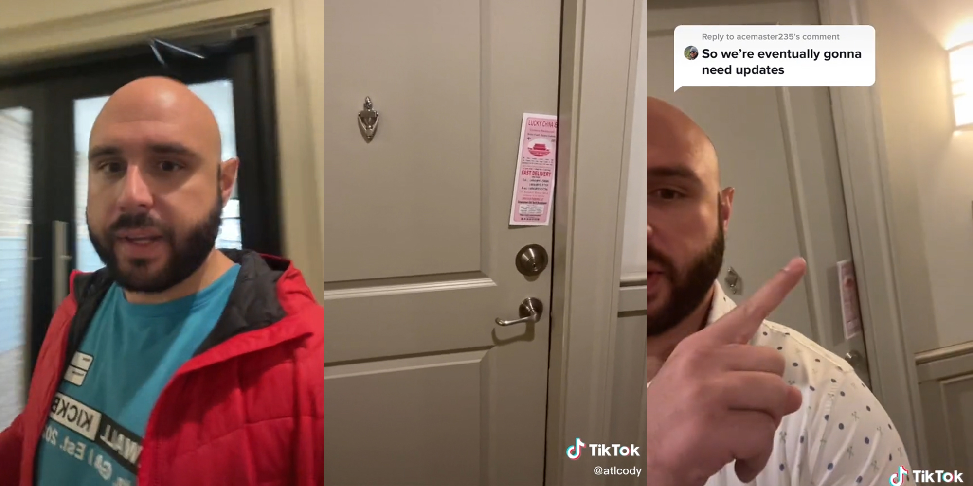 man in red coat at building entrance (l) door with menu stuffed in the jamb (c) man in shirt pointing to menu in door jamb with caption "So we're eventually gonna need updates" (r)