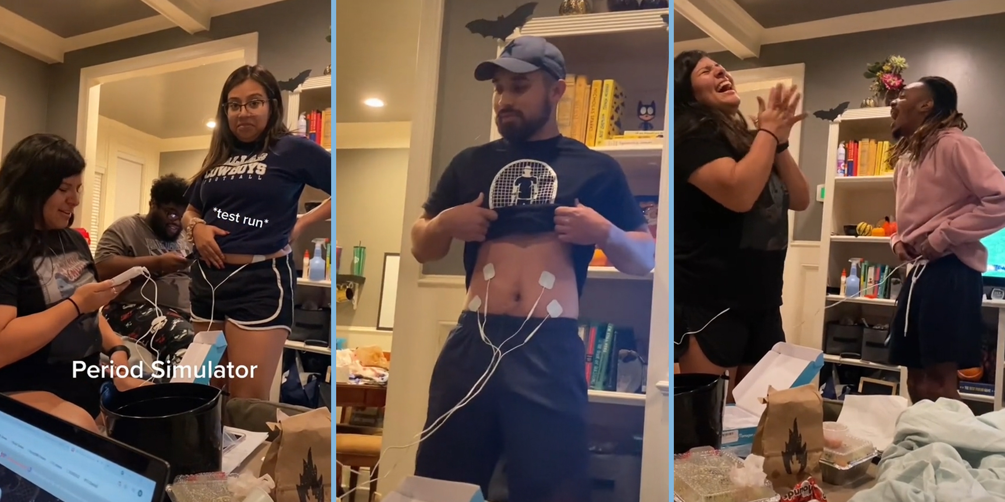women trying "period simulator" (l) man with electrodes on abdomen with shirt raised (c) woman laughing and clapping while man reacts to period simulator (r)