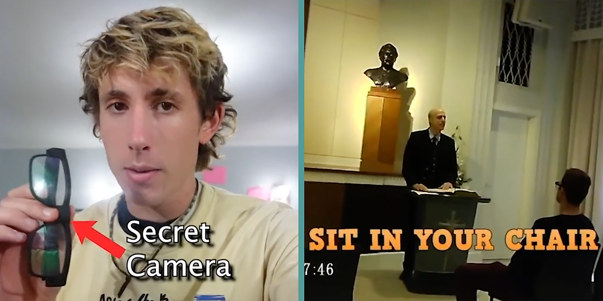 A man holding up glasses (L) and a church service (R).