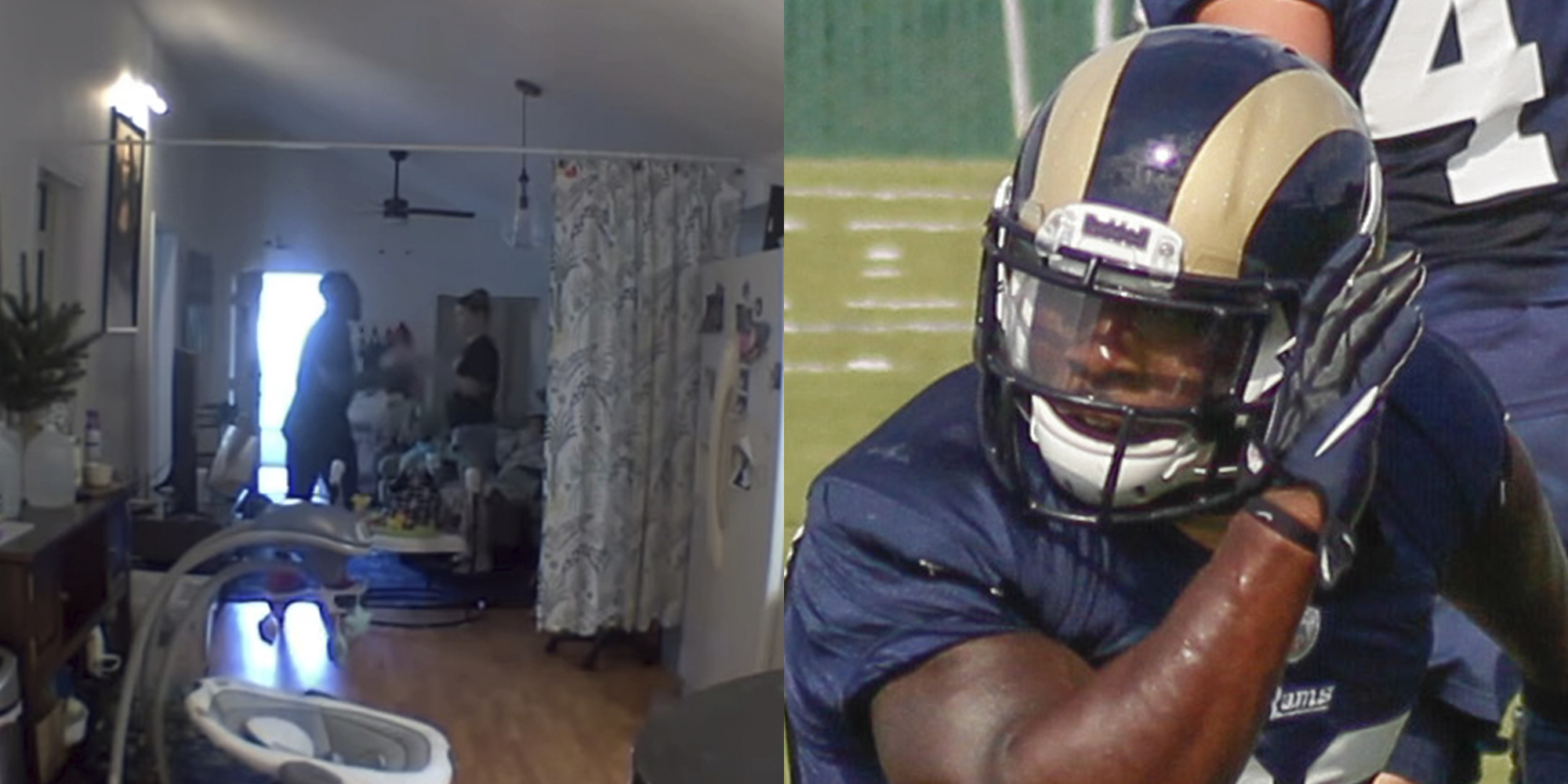 couple in house (l) zac stacy in rams helmet (r)