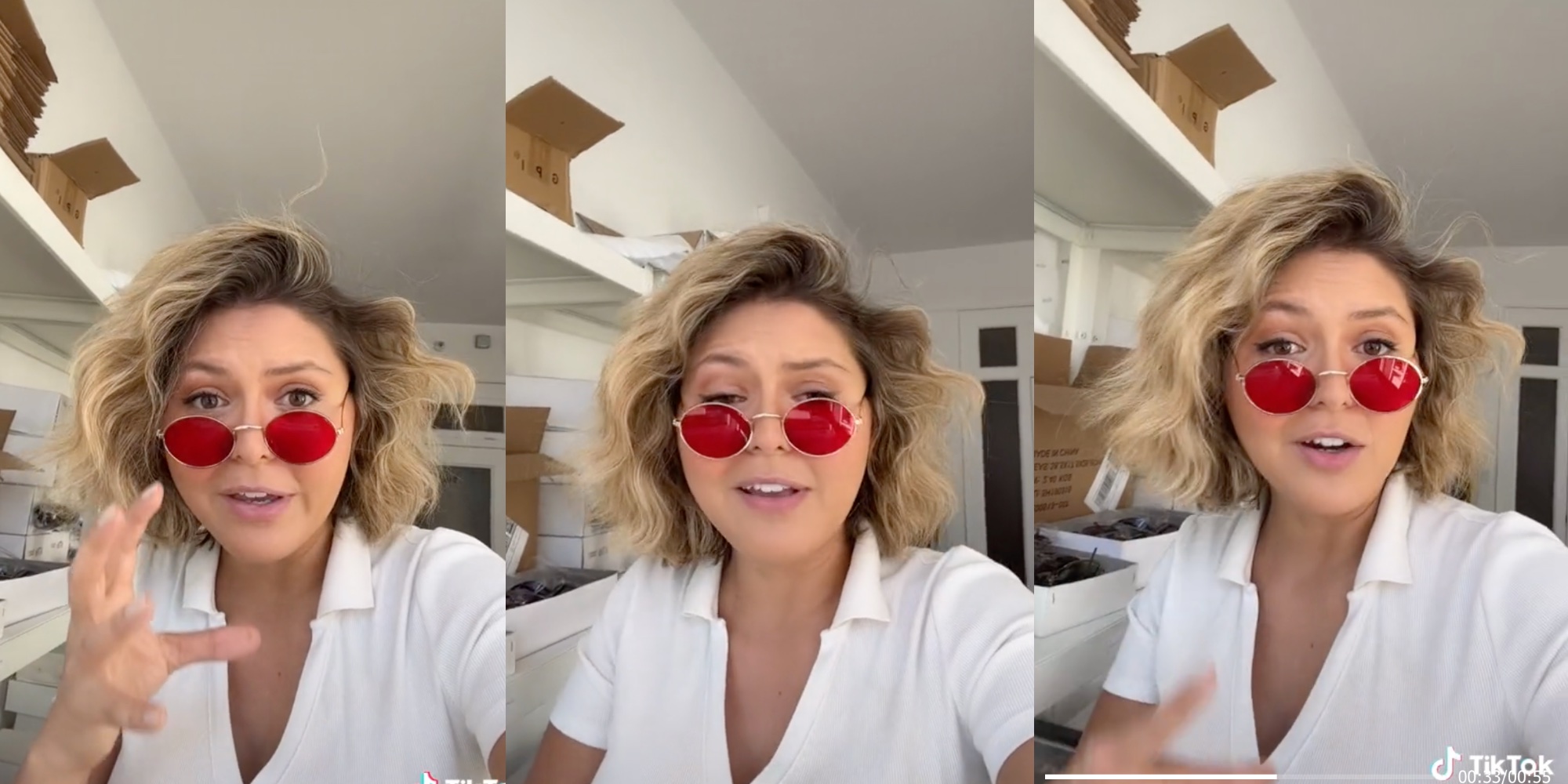 woman in red sunglasses speaking to a camera