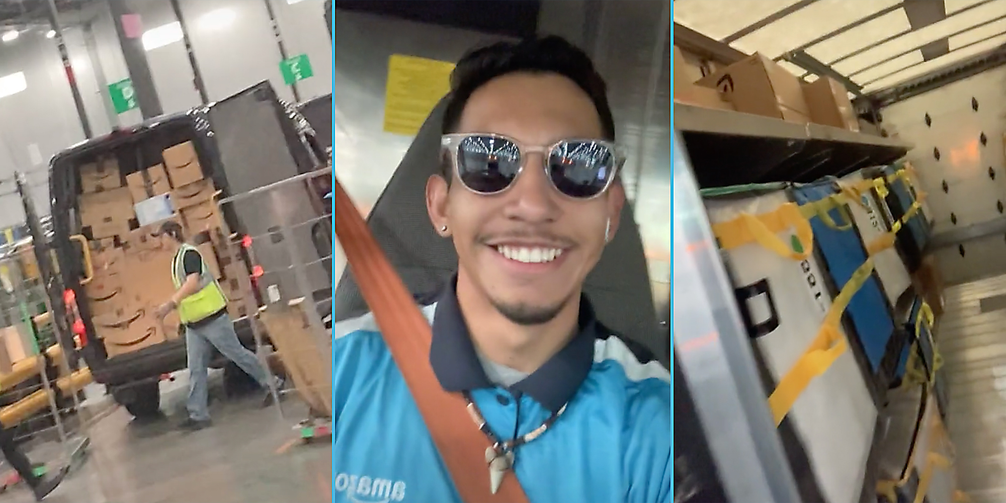 An Amazon truck (L), a guy smiling into camera (C), and an organized truck (R).