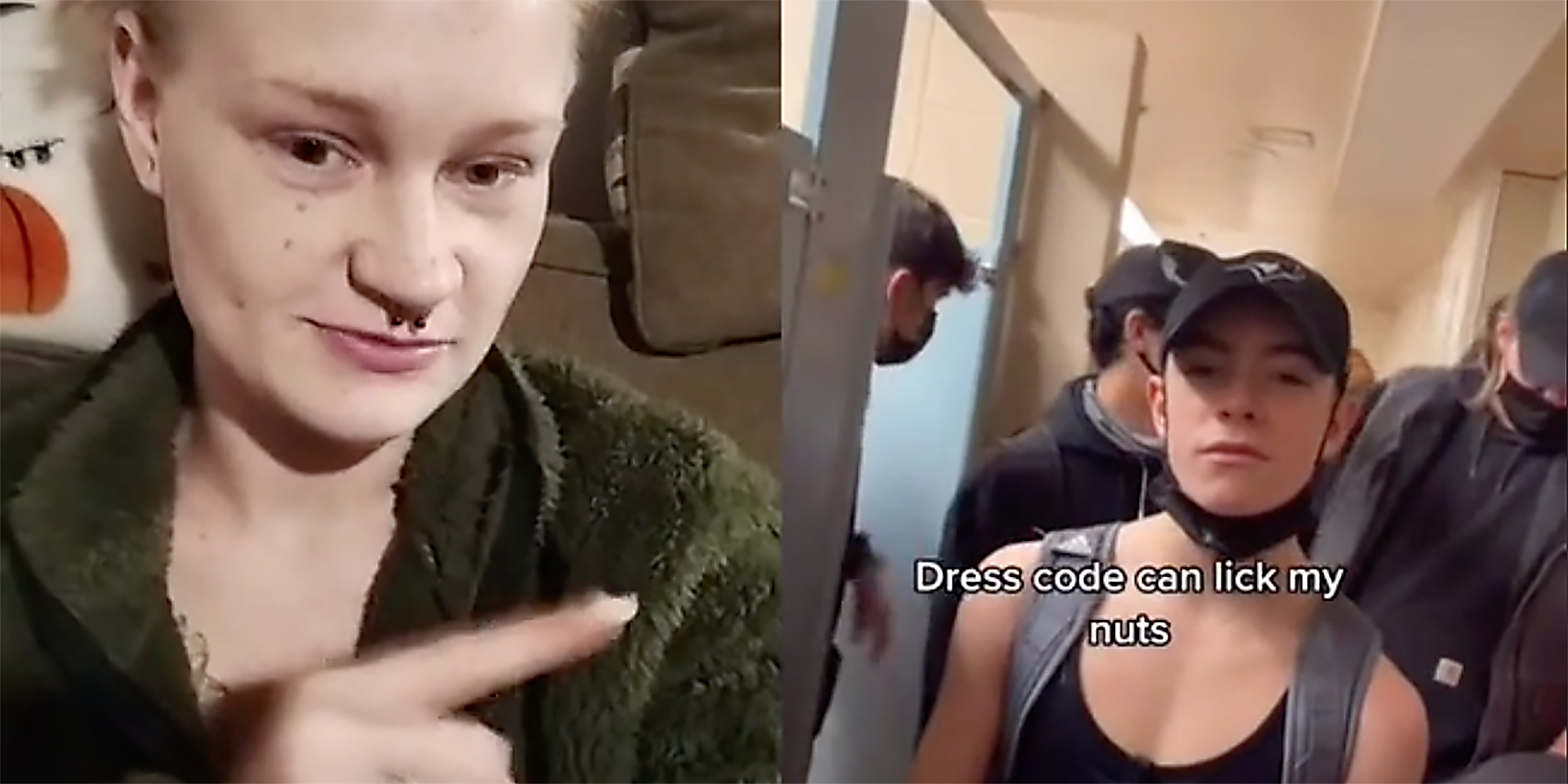 A woman pointing (L) and a boy wearing a crop top (R).