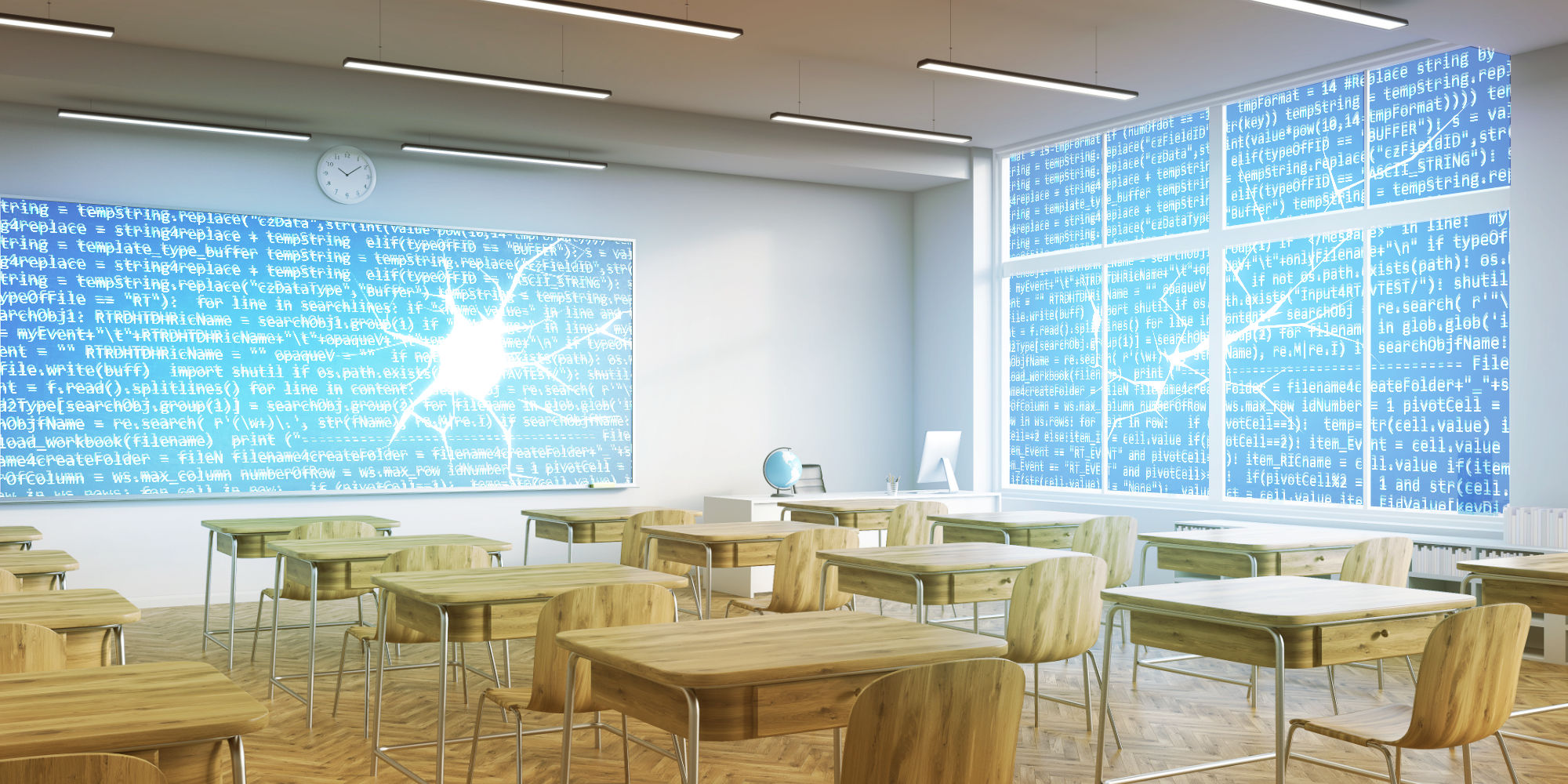 Image of a school classroom; the windows and blackboard are formed out of computer code and they have cracks in them