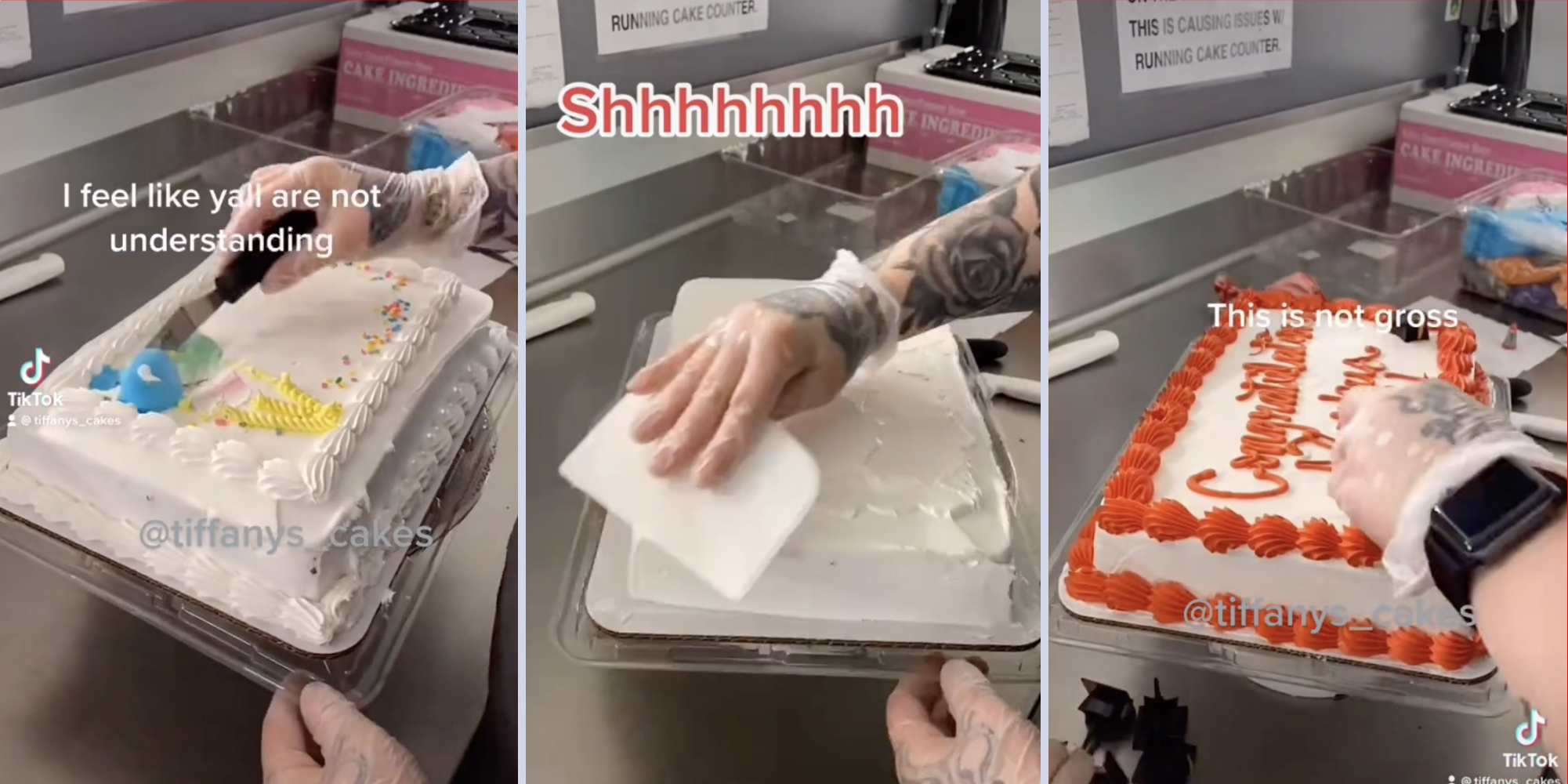 cake decorator scrapes off and redecorates a cake