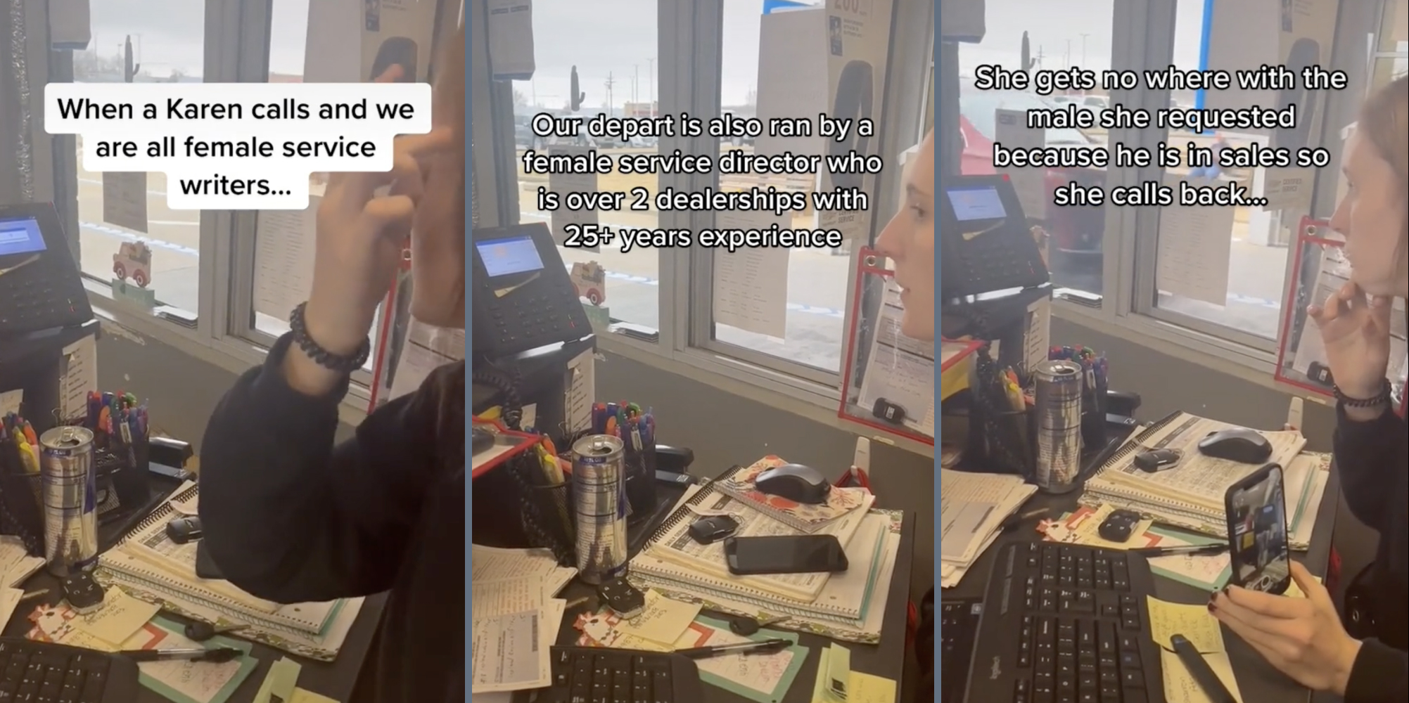 woman on the phone at a car dealership