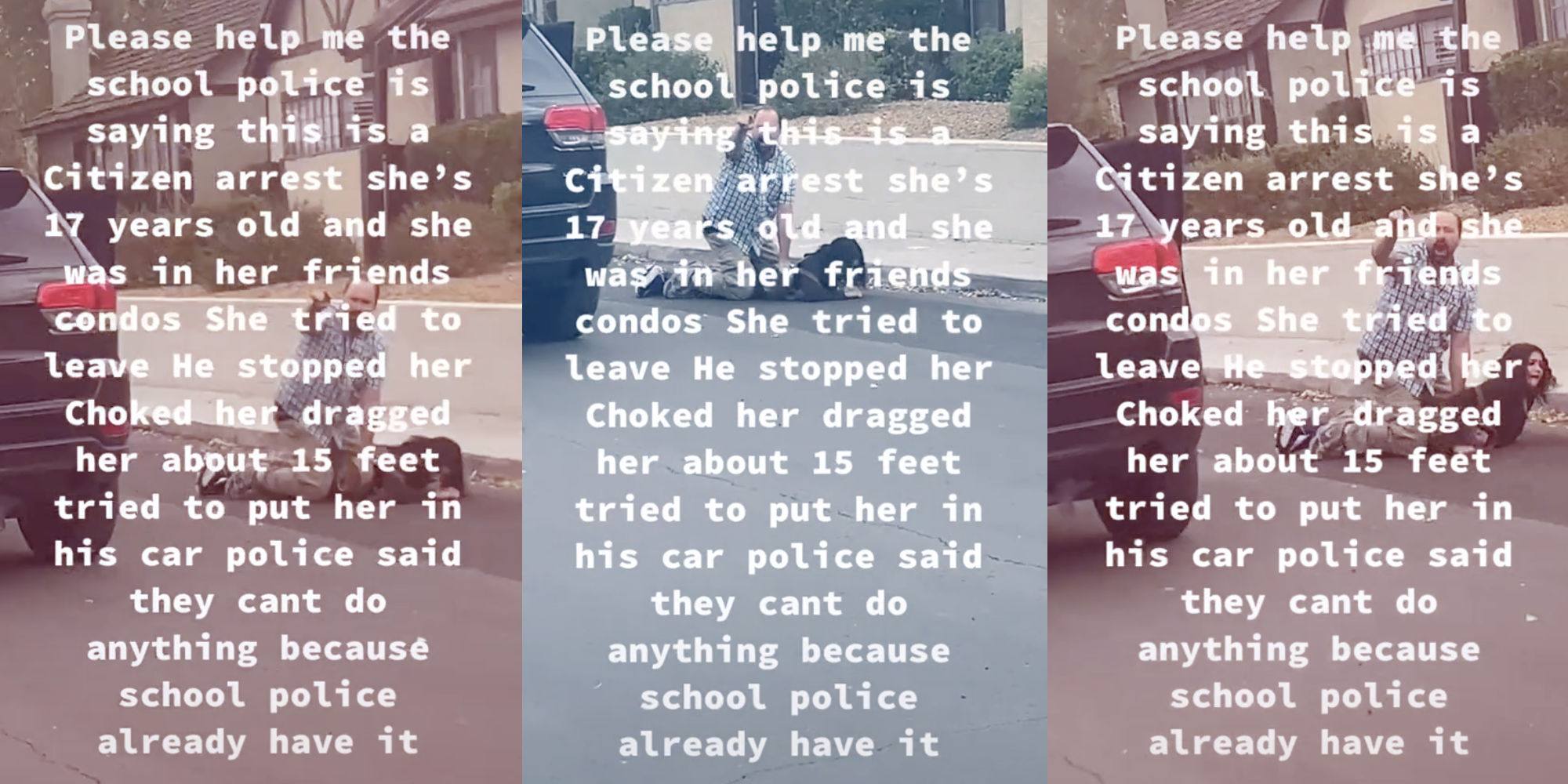 three photos of a man pinning a young girl on a street