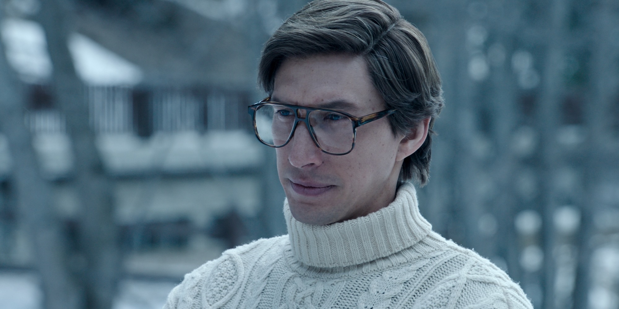 adam driver in a white aran sweater in house of gucci