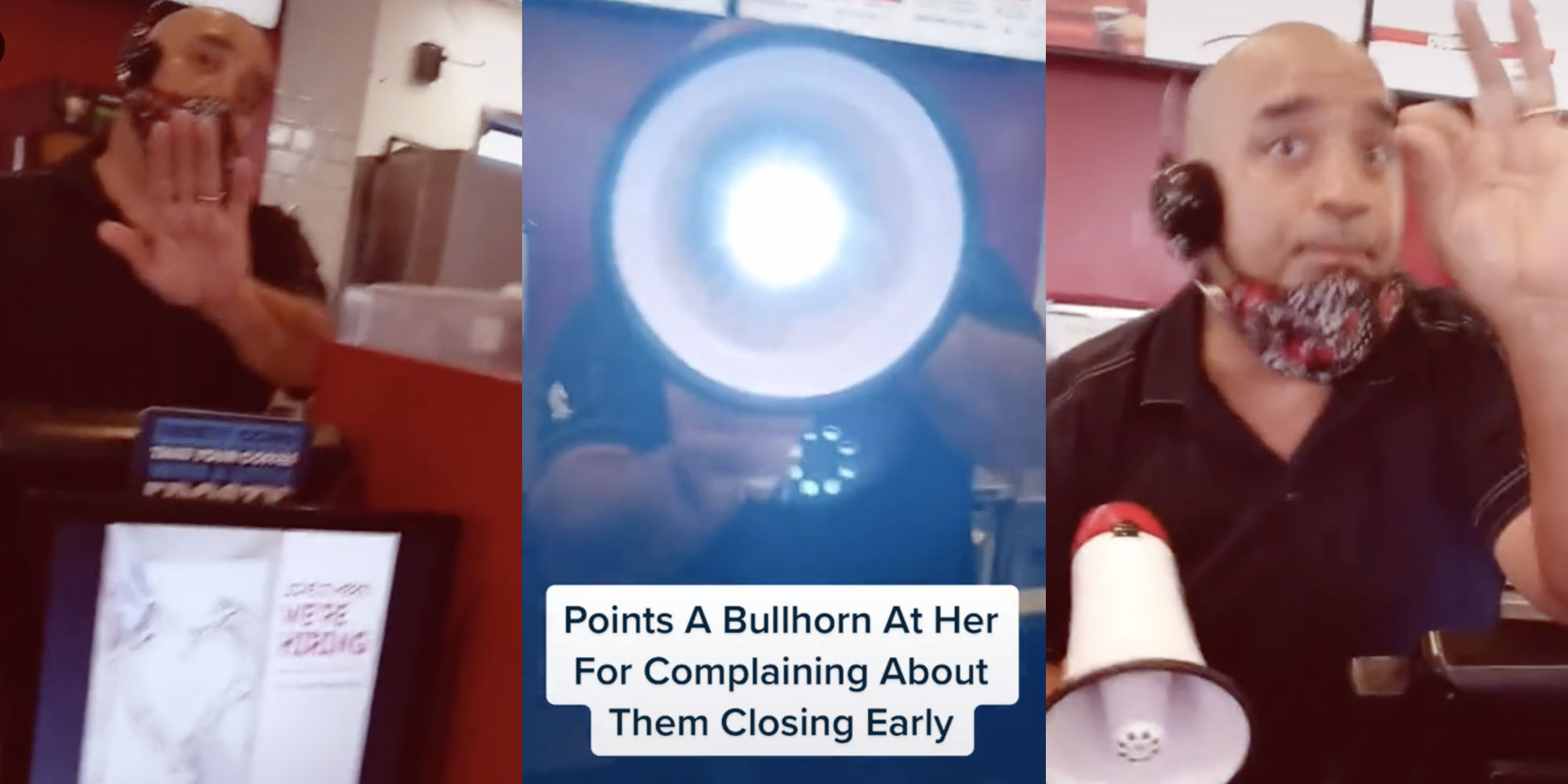 fast food worker gesturing to stop (l) fast food worker blaring a bullhorn (m) fast food worker gesturing (r)