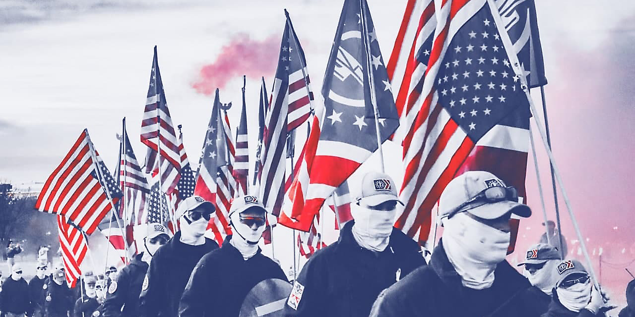 A group of people marching.