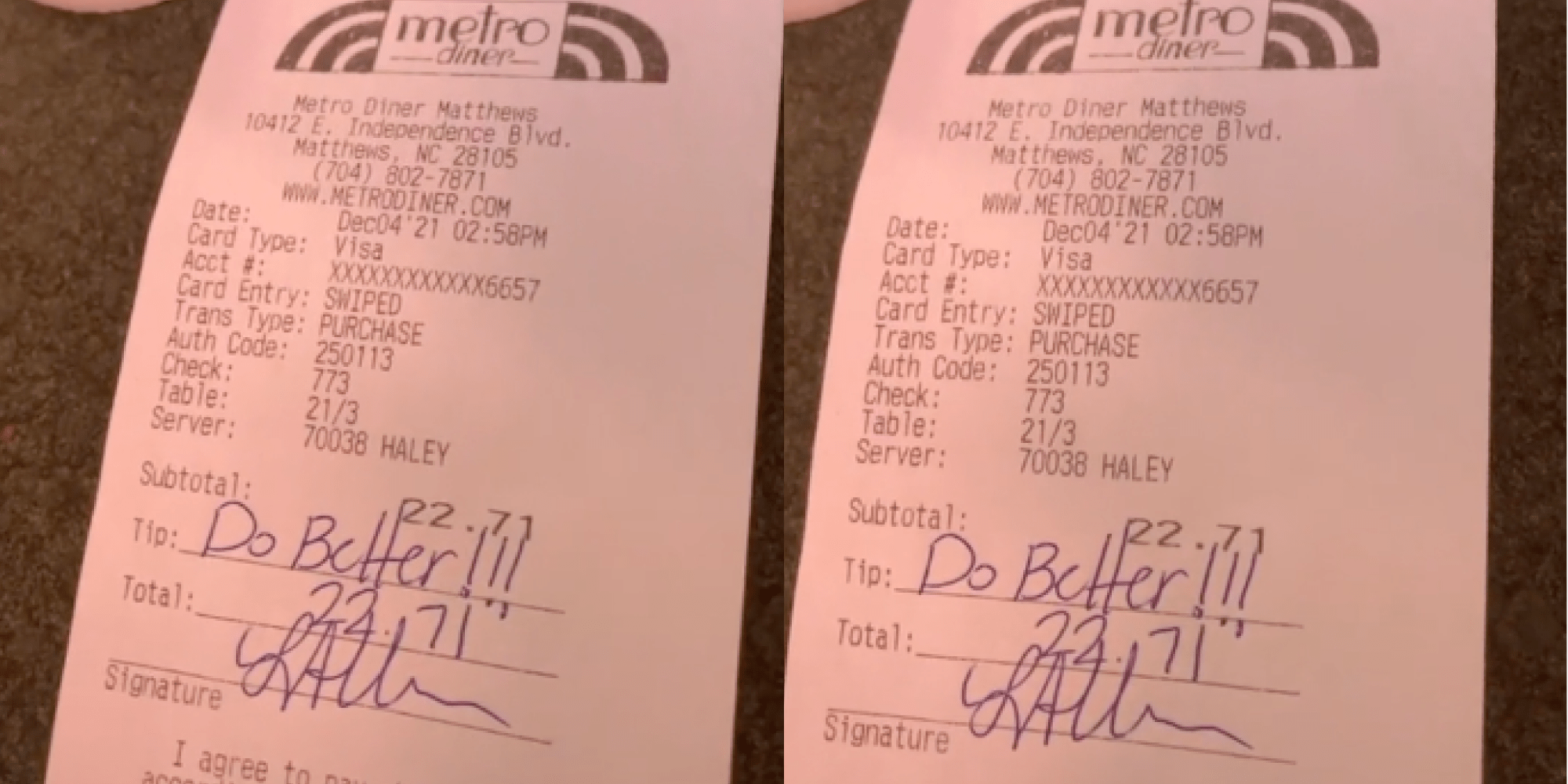 Restaurant check with "do better" in the tip line