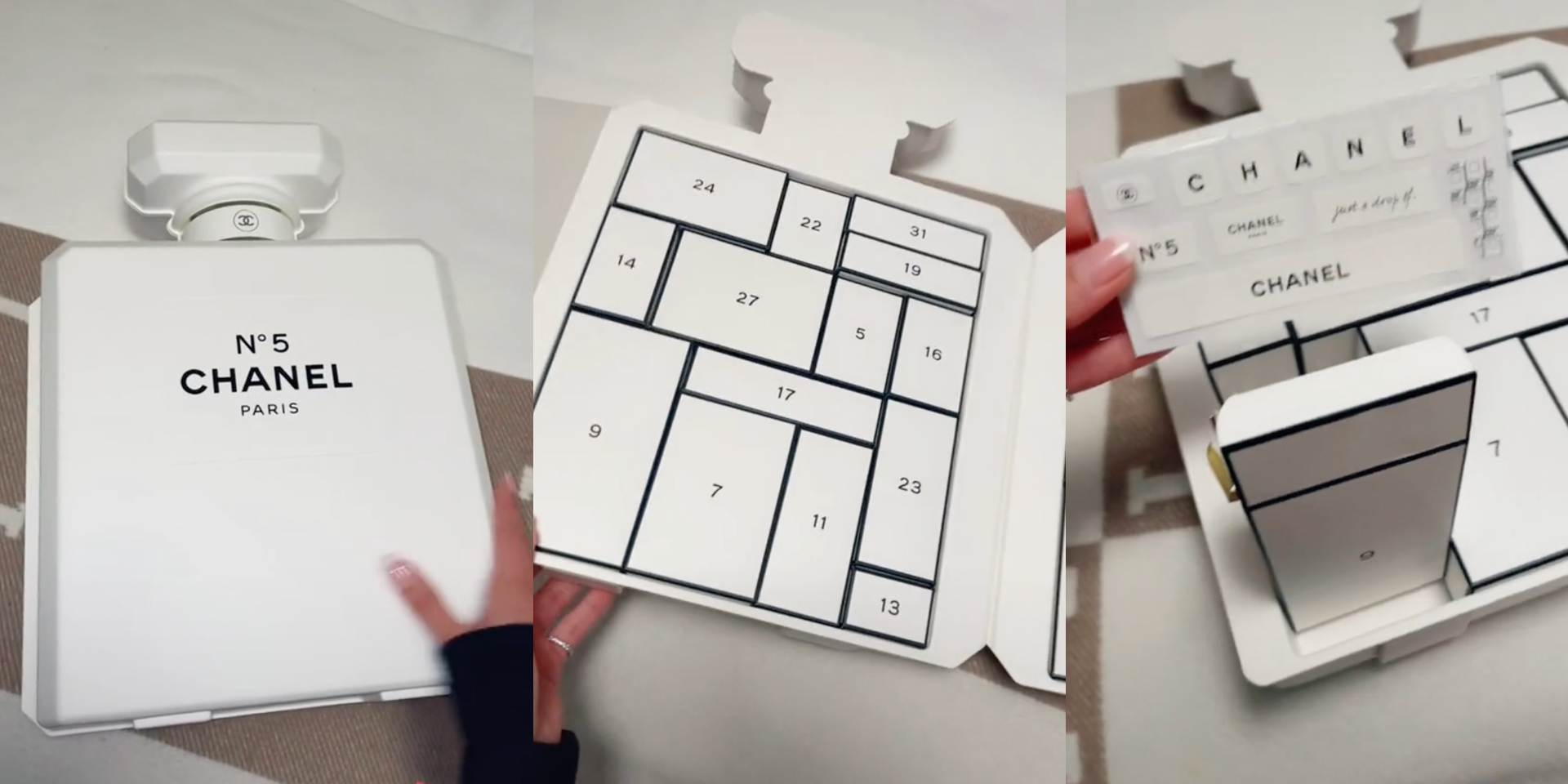 chanel advent calendar, interior of chanel advent calendar with numerous boxes, chanel stickers