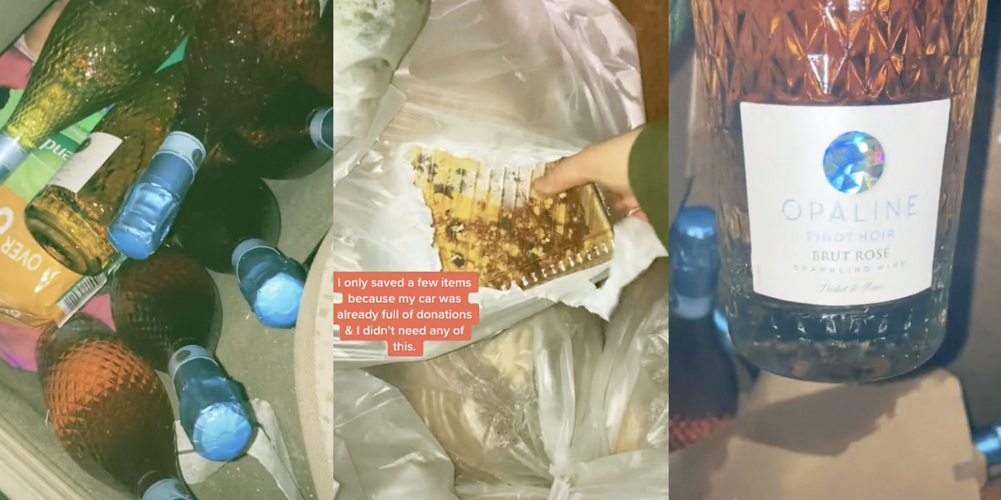 bottles of wine thrown out (l) hand reaching for an unopened food tray (m) closeup of a bottle of wine (r)