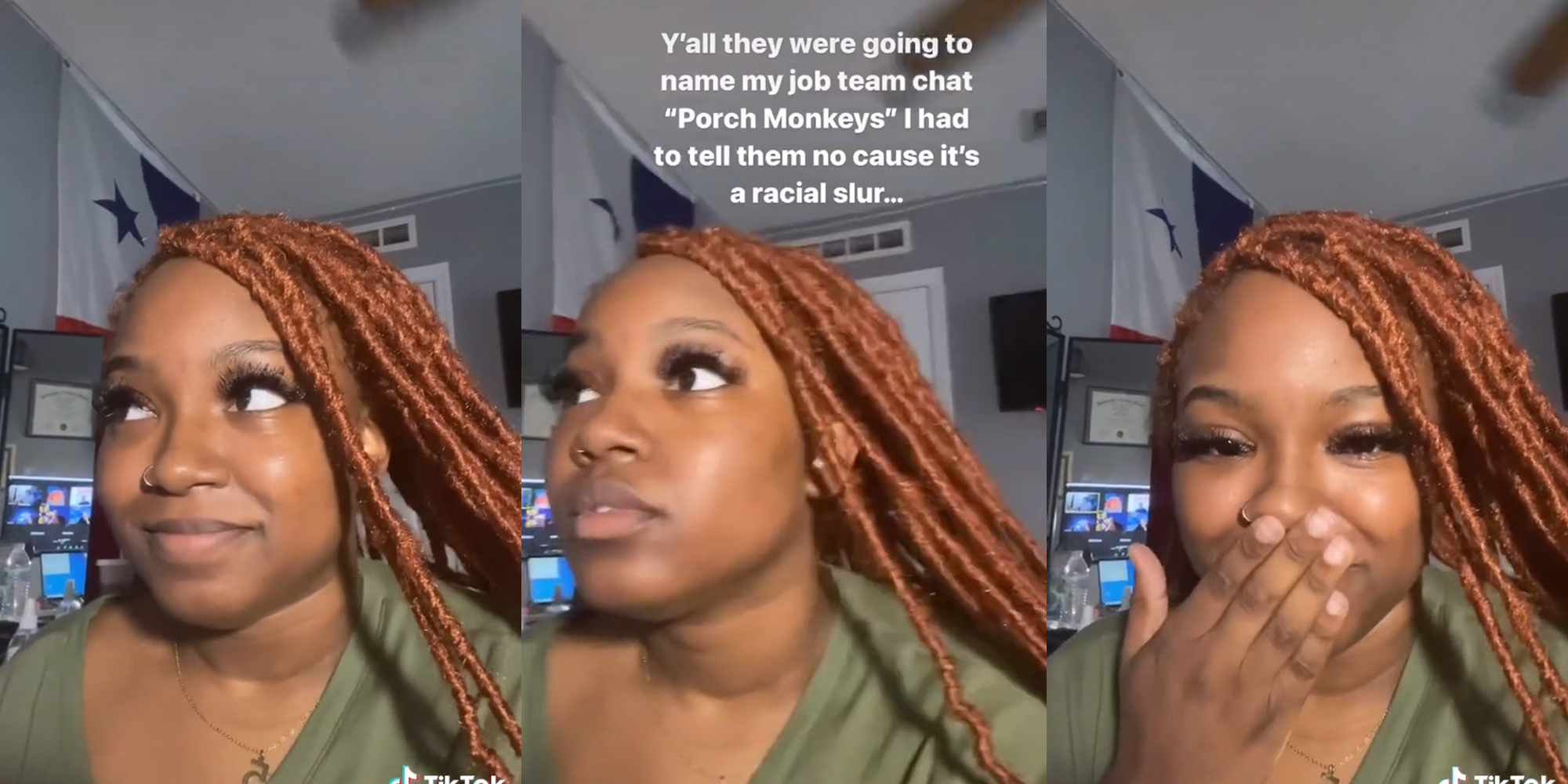 young woman in room with caption "Y'all they were going to name my job team chat 'Porch Monkeys' I had to tell them no cause it's a racial slur..."