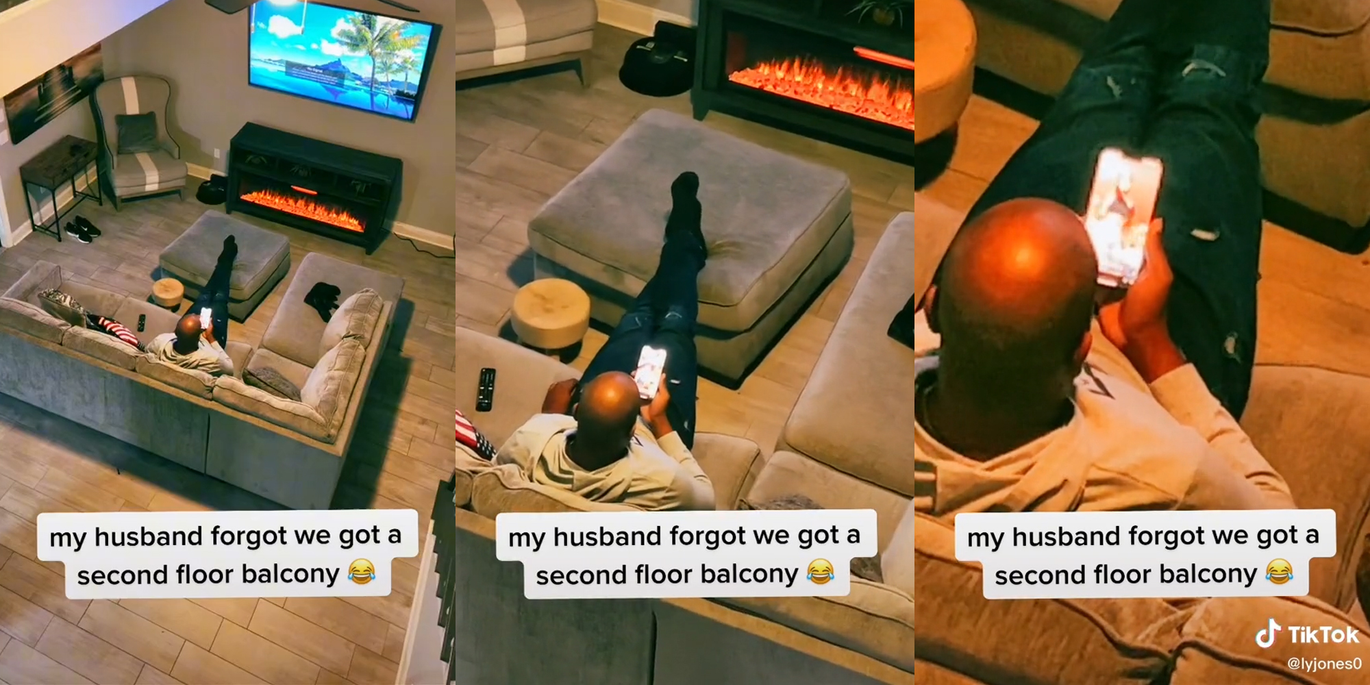 man scrolling on phone in living room with caption "my husband forgot we got a second floor balcony"
