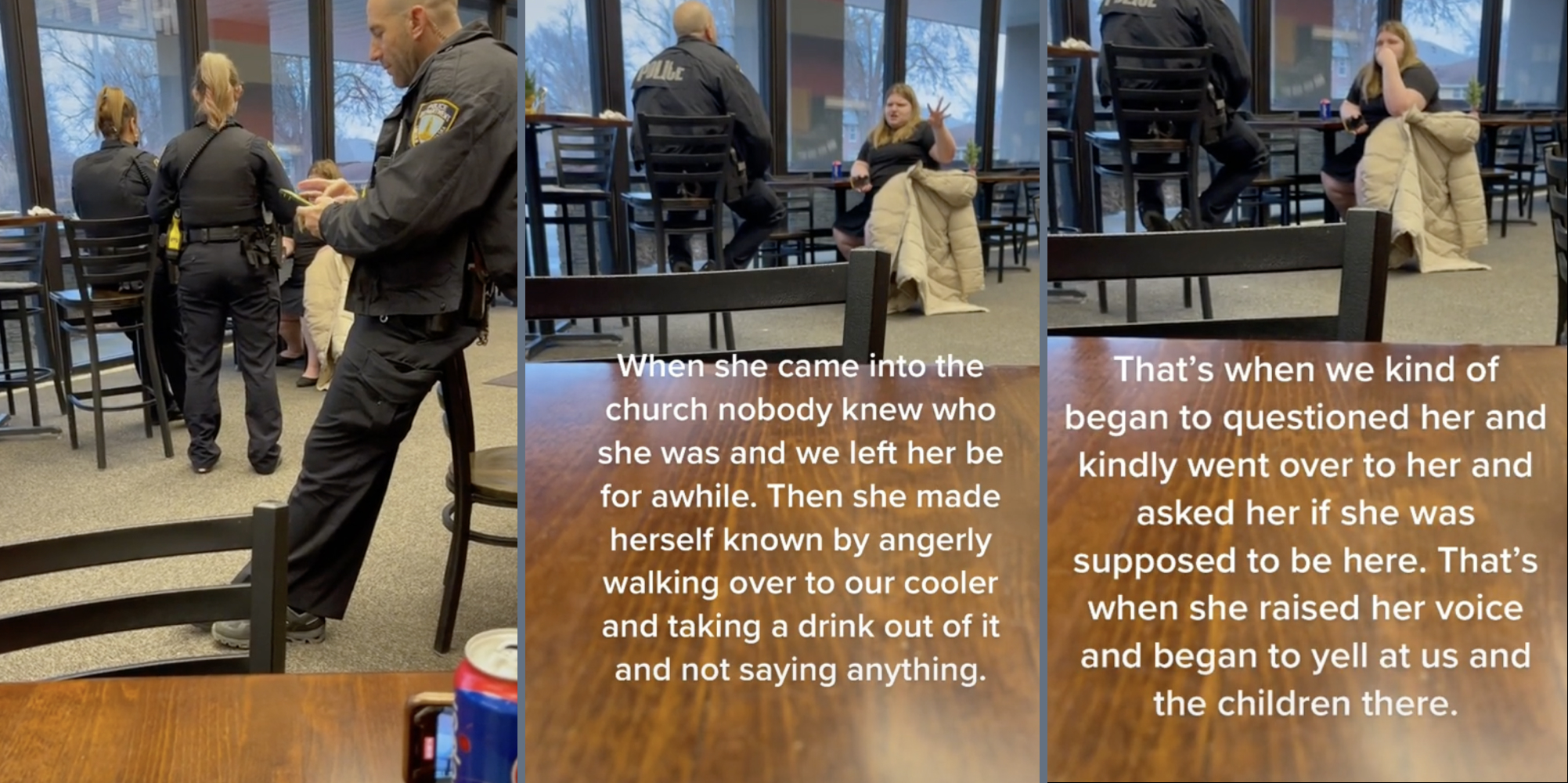 Three cops, one cop and a blonde woman.