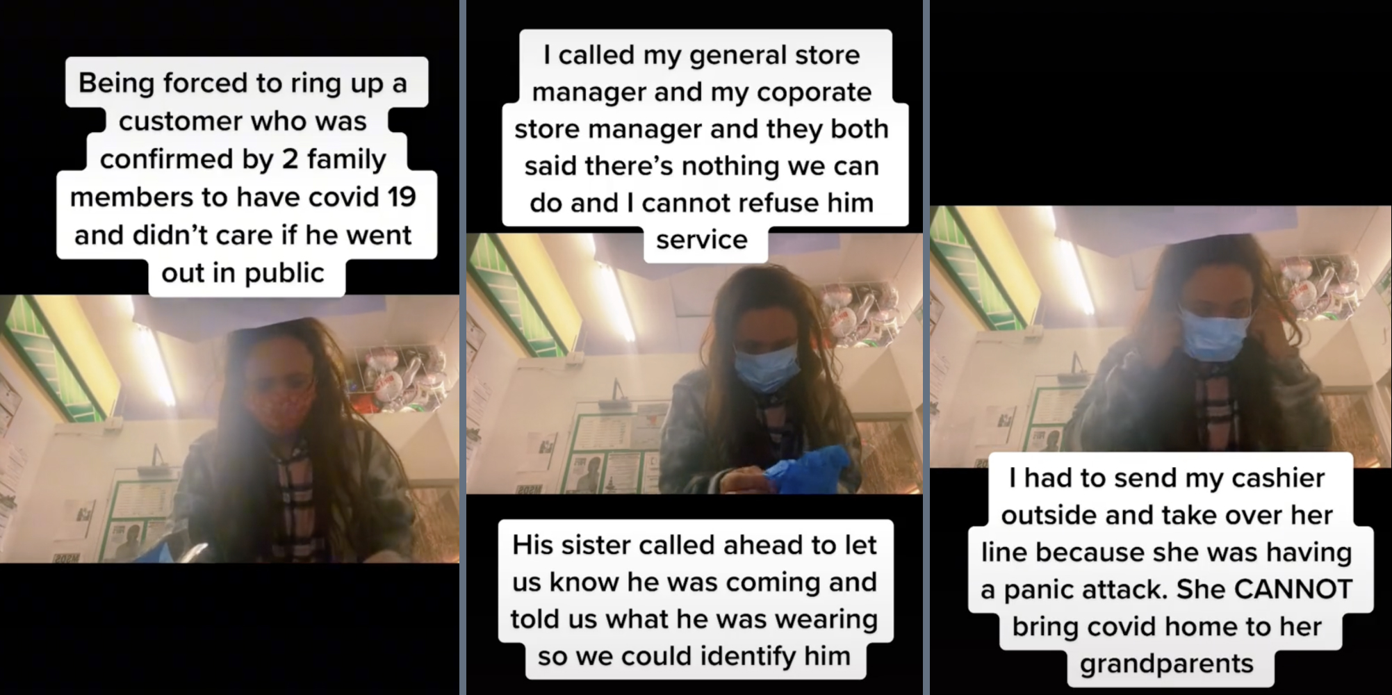 Cashier putting on personal protective equipment on at a Dollar Tree.