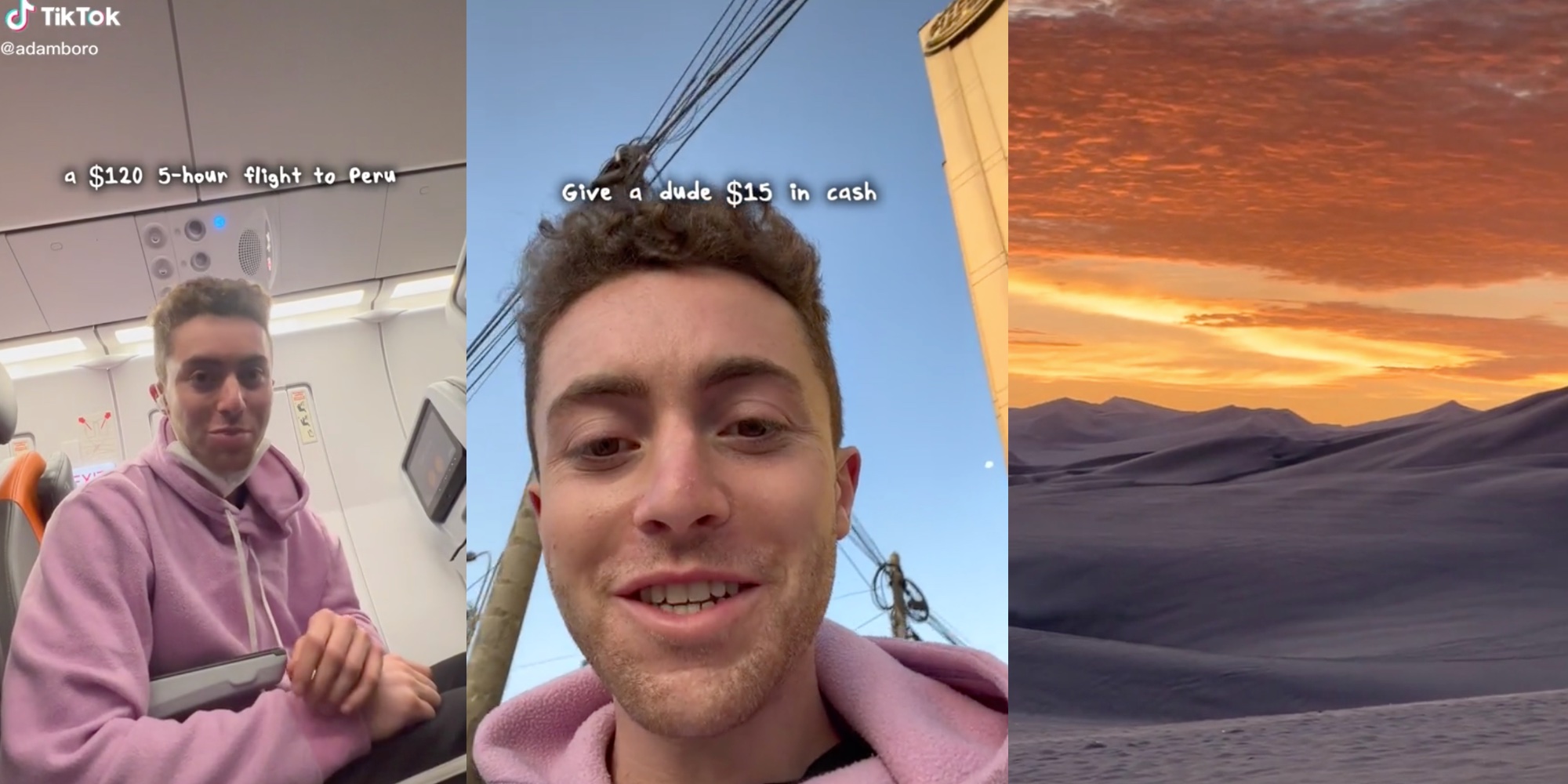 Man in airplane (L), Man talking to camera (M) Sunset (R)