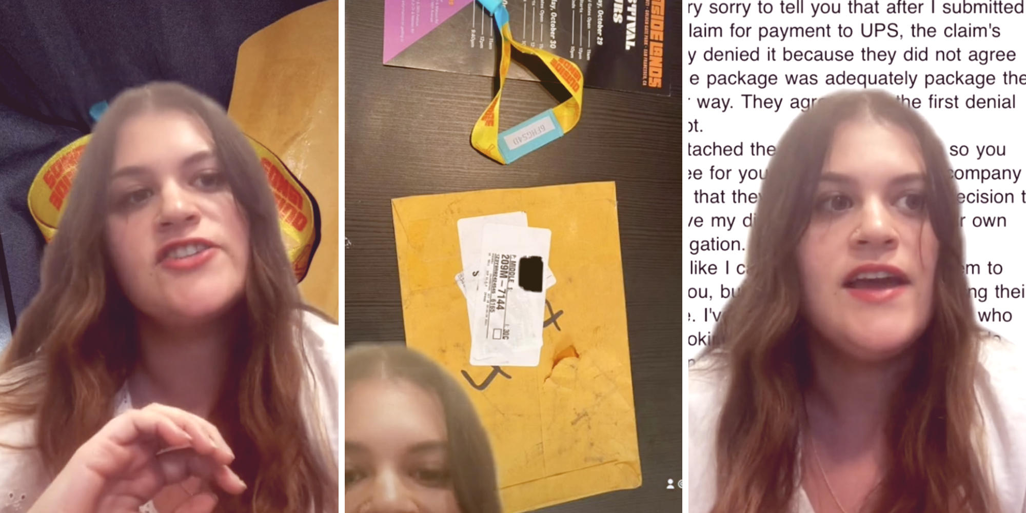 three photos of a woman explaining to the camera and showing a damaged mail package of hers
