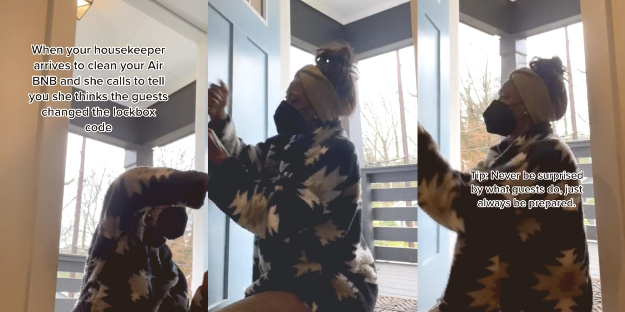 three photos of a woman using hardware to open and reset a door lock