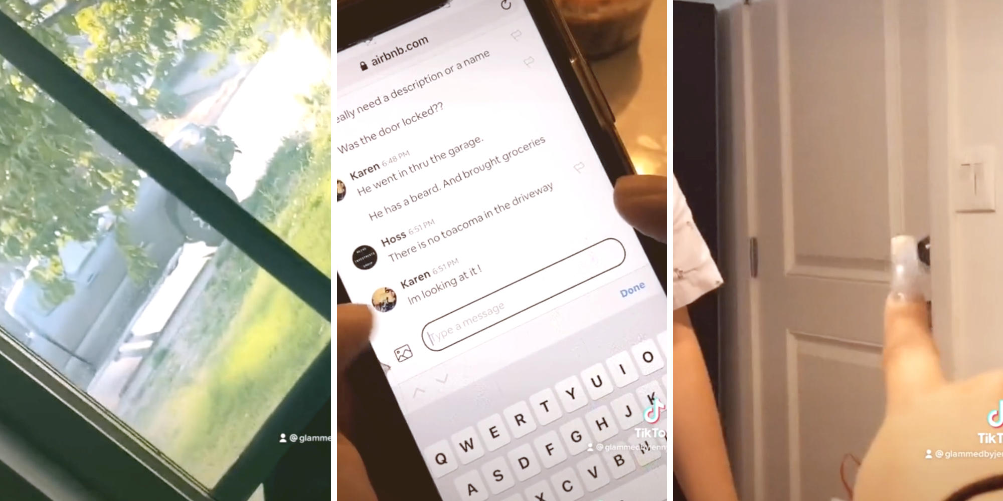 photo of a car showing through a window (l) photo of a cell phone screen (m) photo of a woman pointing at a front door (r)
