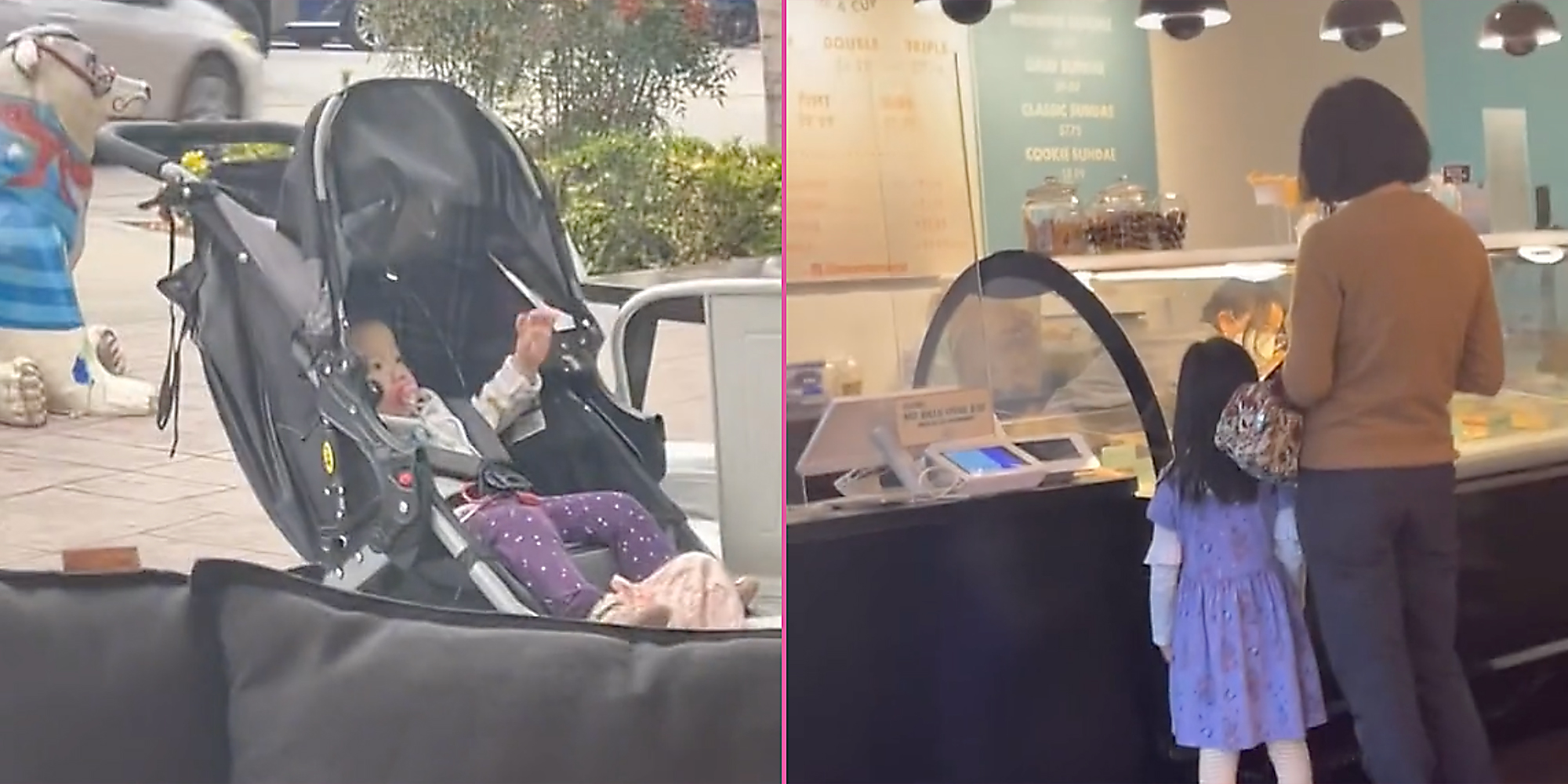A baby in a stroller (L) and a parent with child (R).