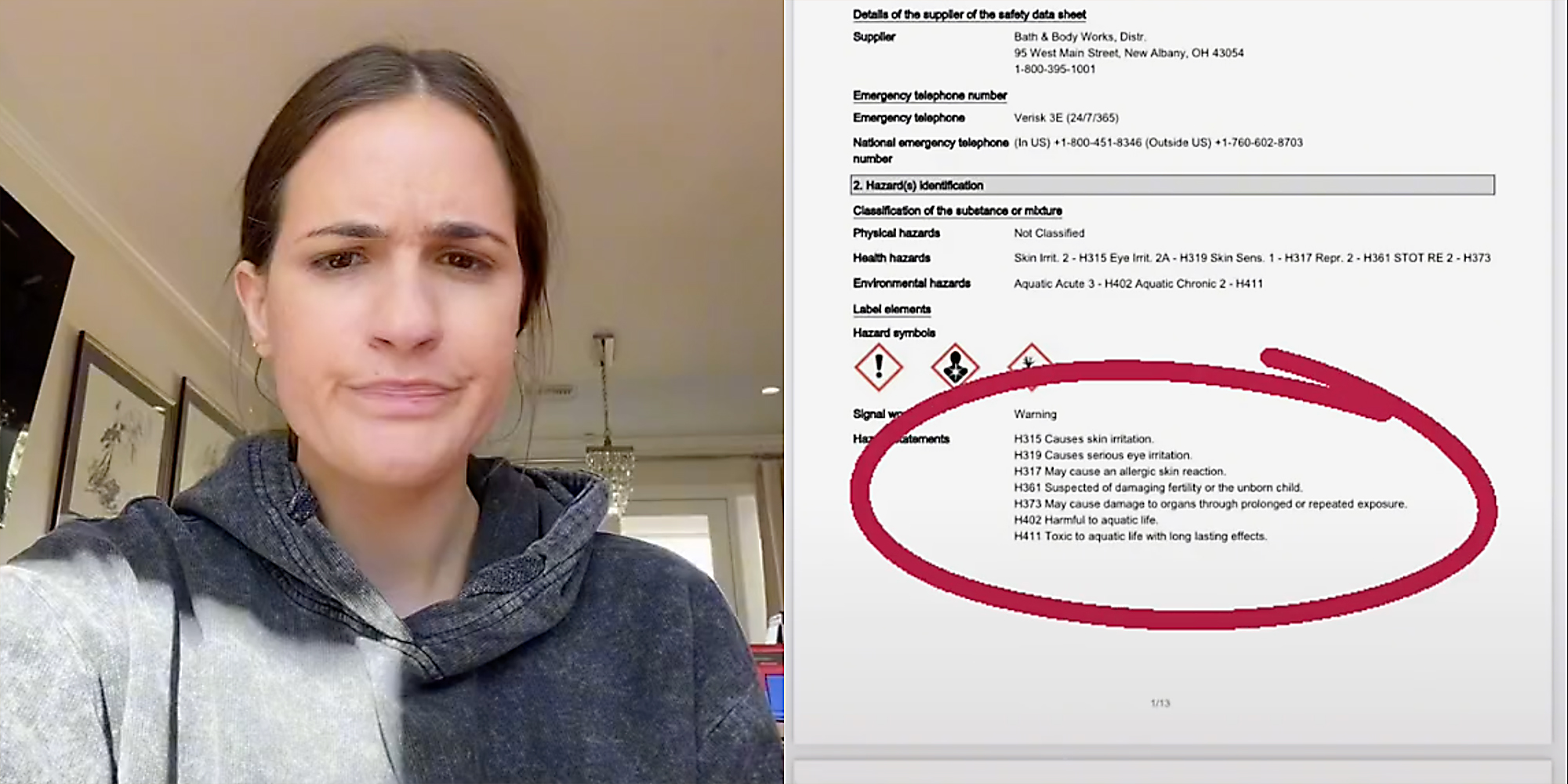 A disappointed woman (L) and a warning label (R).