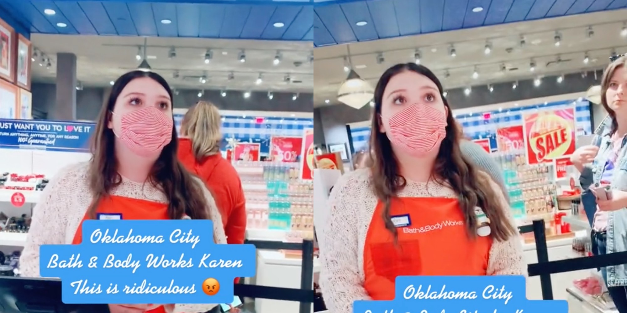woman in a red apron behind a cash register