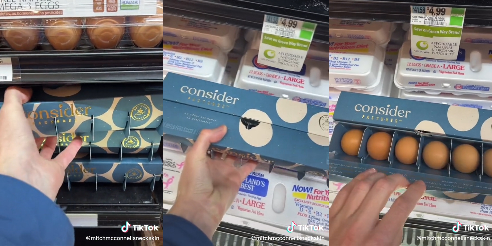 hand grabbing and opening a "consider pastures" egg carton
