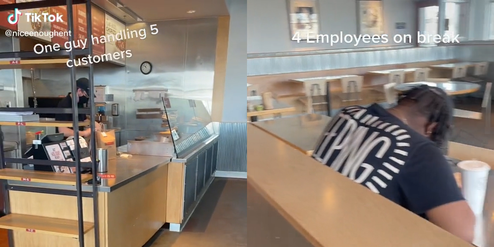 chipotle employee with caption "one guy handling 5 customers" (l) chipotle employee on break with caption "4 employees on break" (r)