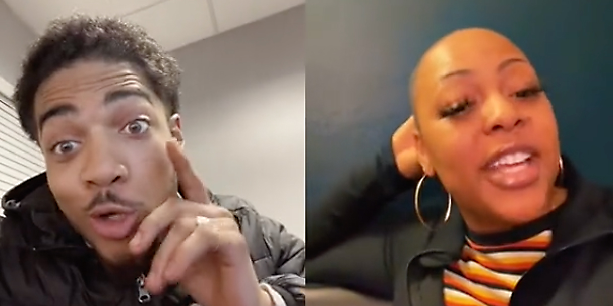 Two people talking into camera.