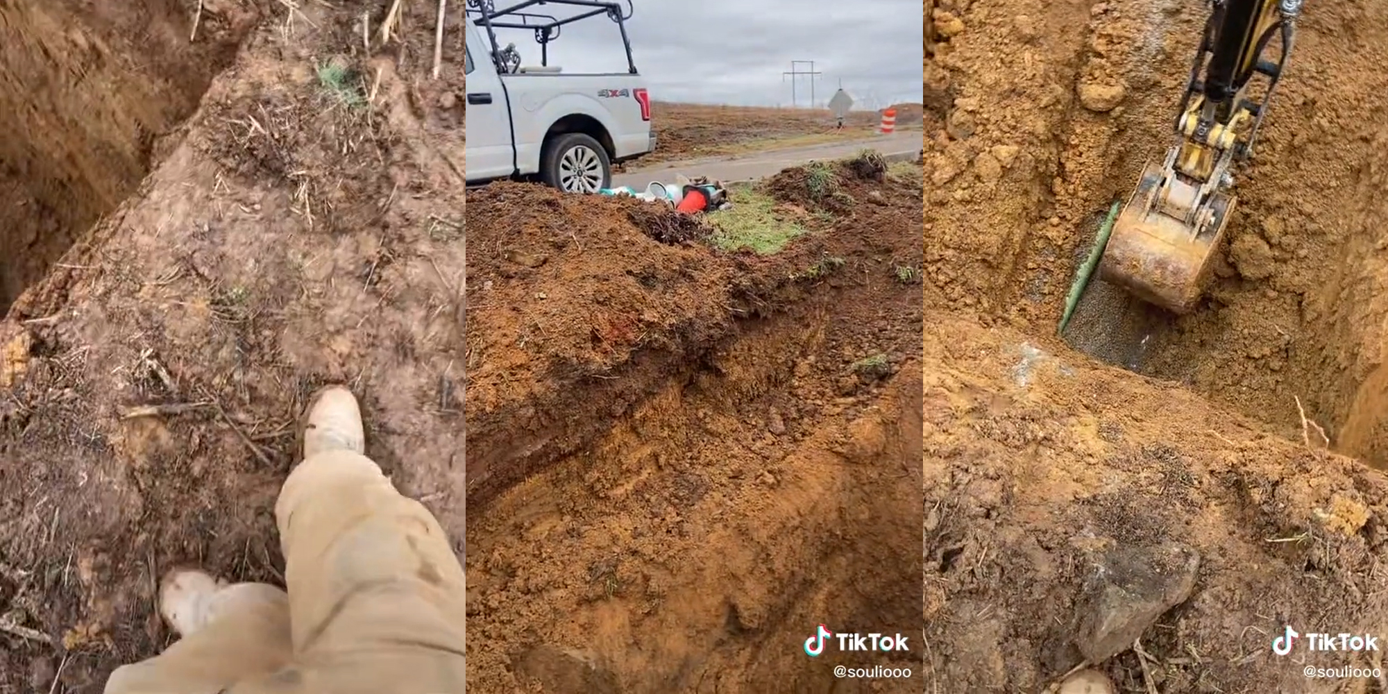 booted feet standing next to pit (l) truck on side of road near construction debris (c) backhoe shovel pulling dirt near pipe (r)