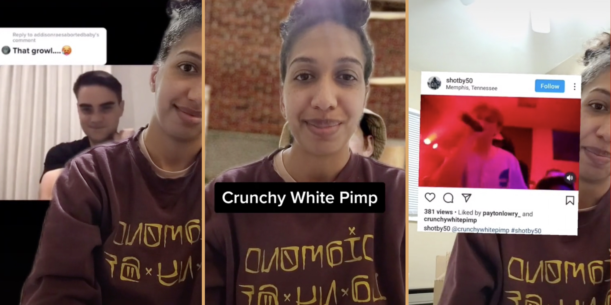 Woman in front of a video of Ben Shapiro. "Crunchy White Pimp." Instagram screenshot in front of woman.