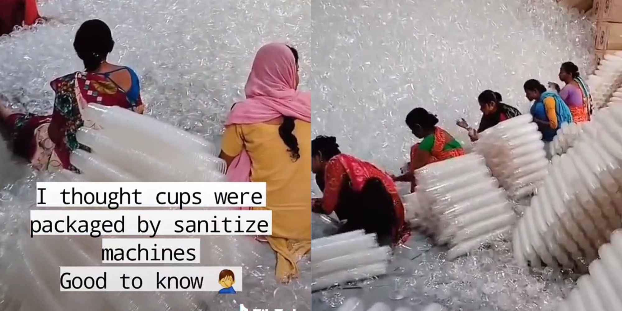 women kneeling and packing plastic cups into sleeves by hand with caption "i thought cups were packaged by sanitize machines good to know"