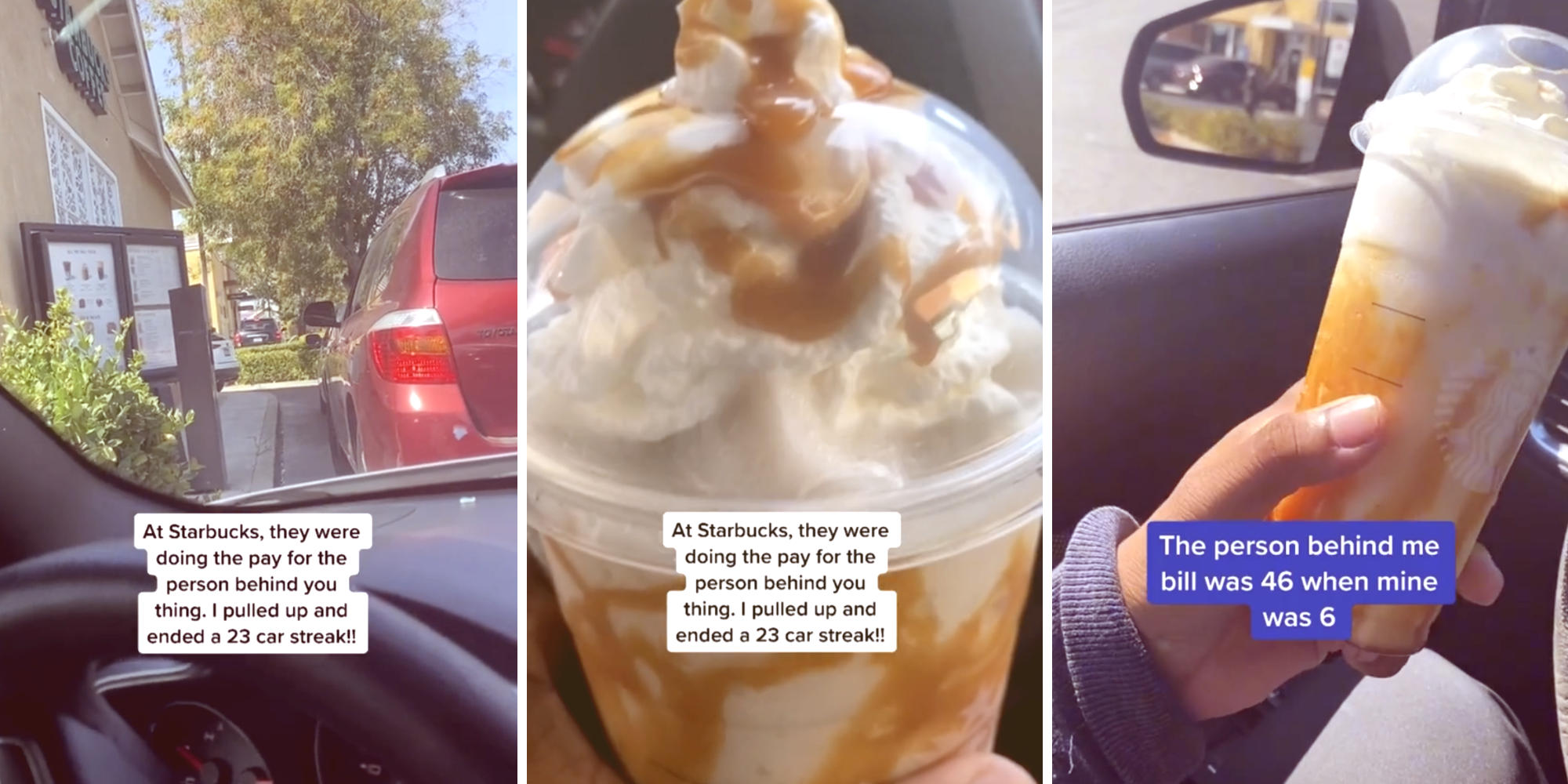 photo of a car pulling up to starbucks (l) closeup of a coffee drink (m) photo of a hand holding the coffee drink (r)