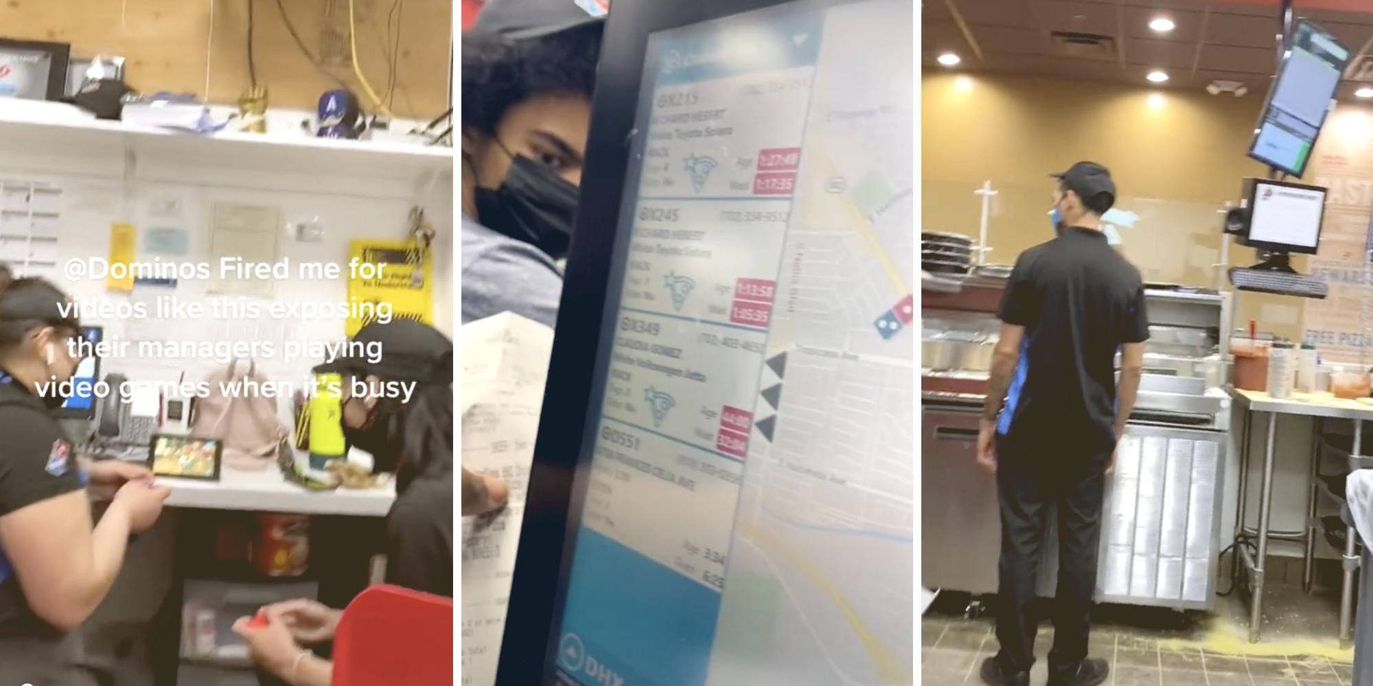 dominos managers playing video games (l) computer screen showing late deliveries (m) dominos worker standing around (r)