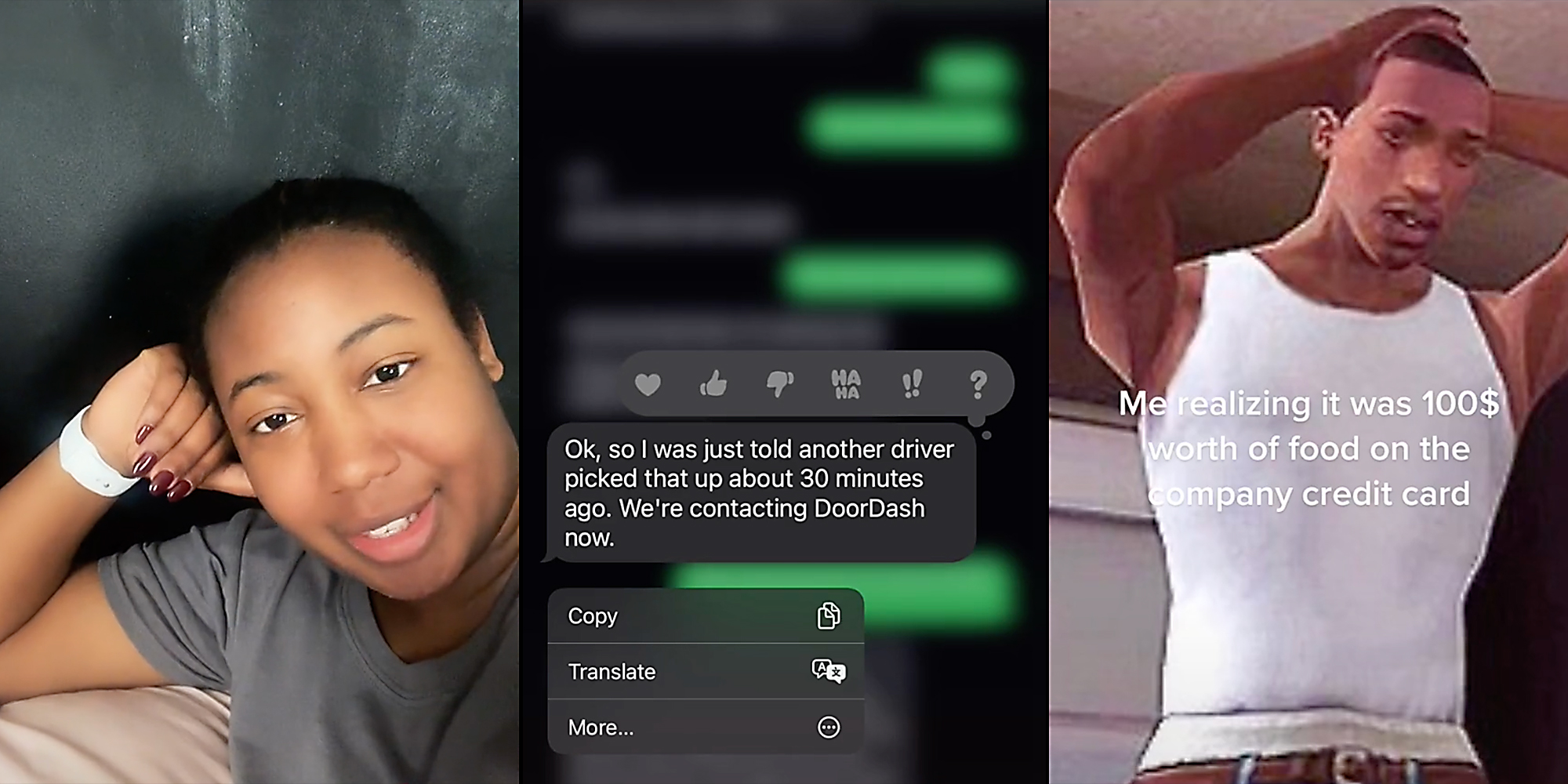 A woman talking into camera (L), a text message (C), and an illustrated character in shock (R).