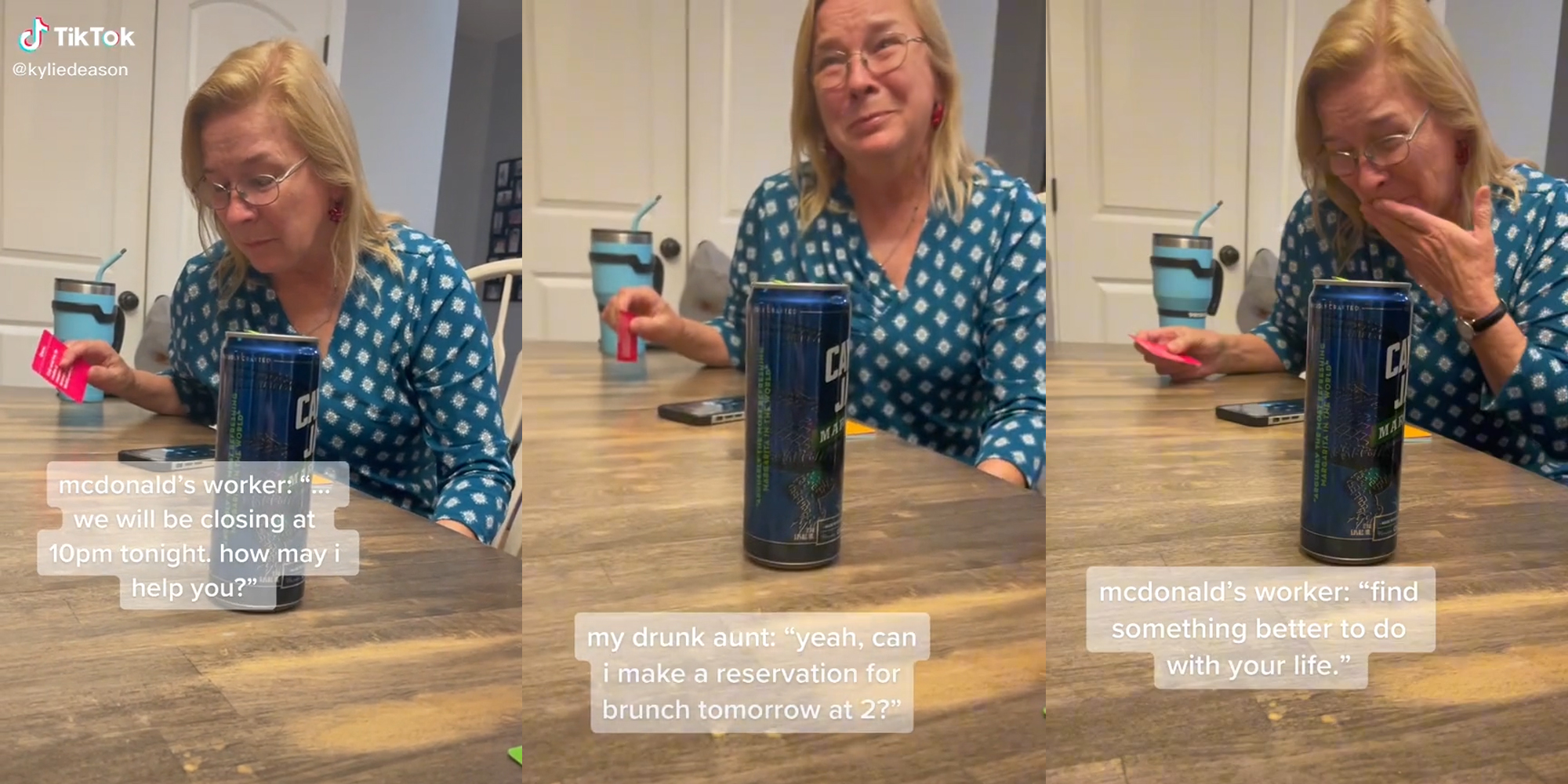 woman at table prank calling McDonald's