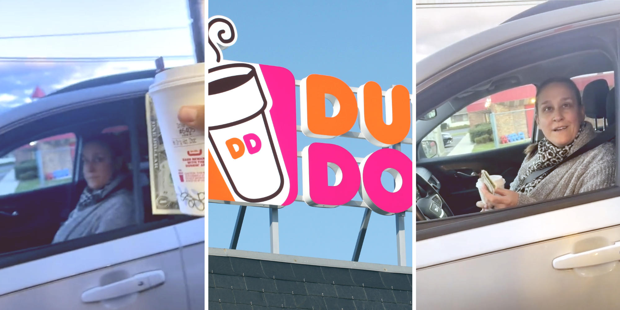 worker handing a customer her drink with a dollar tip (l) dunkin donuts logo (m) customer smiling at the dollar tip (r)