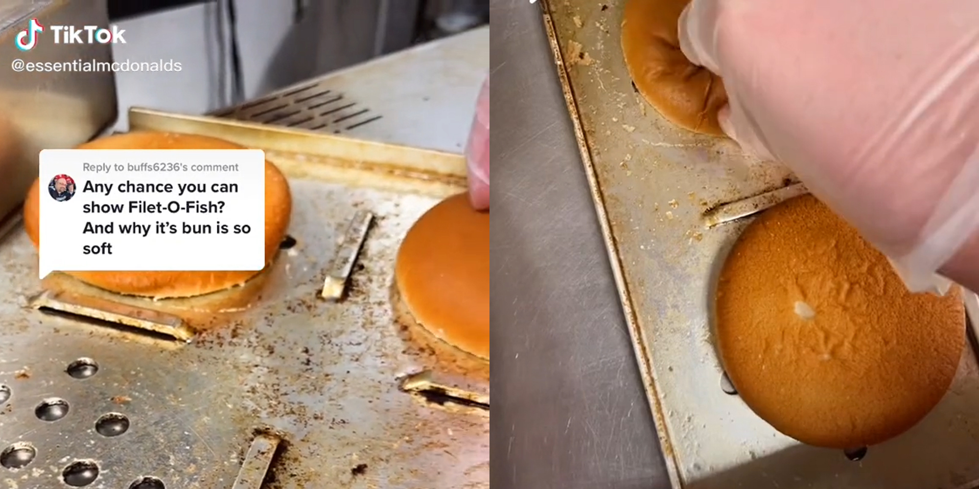 bun on steamer with caption "any chance you can show Filet-O-Fish? And why its bun is so soft" (l) hand picking up bun (r)