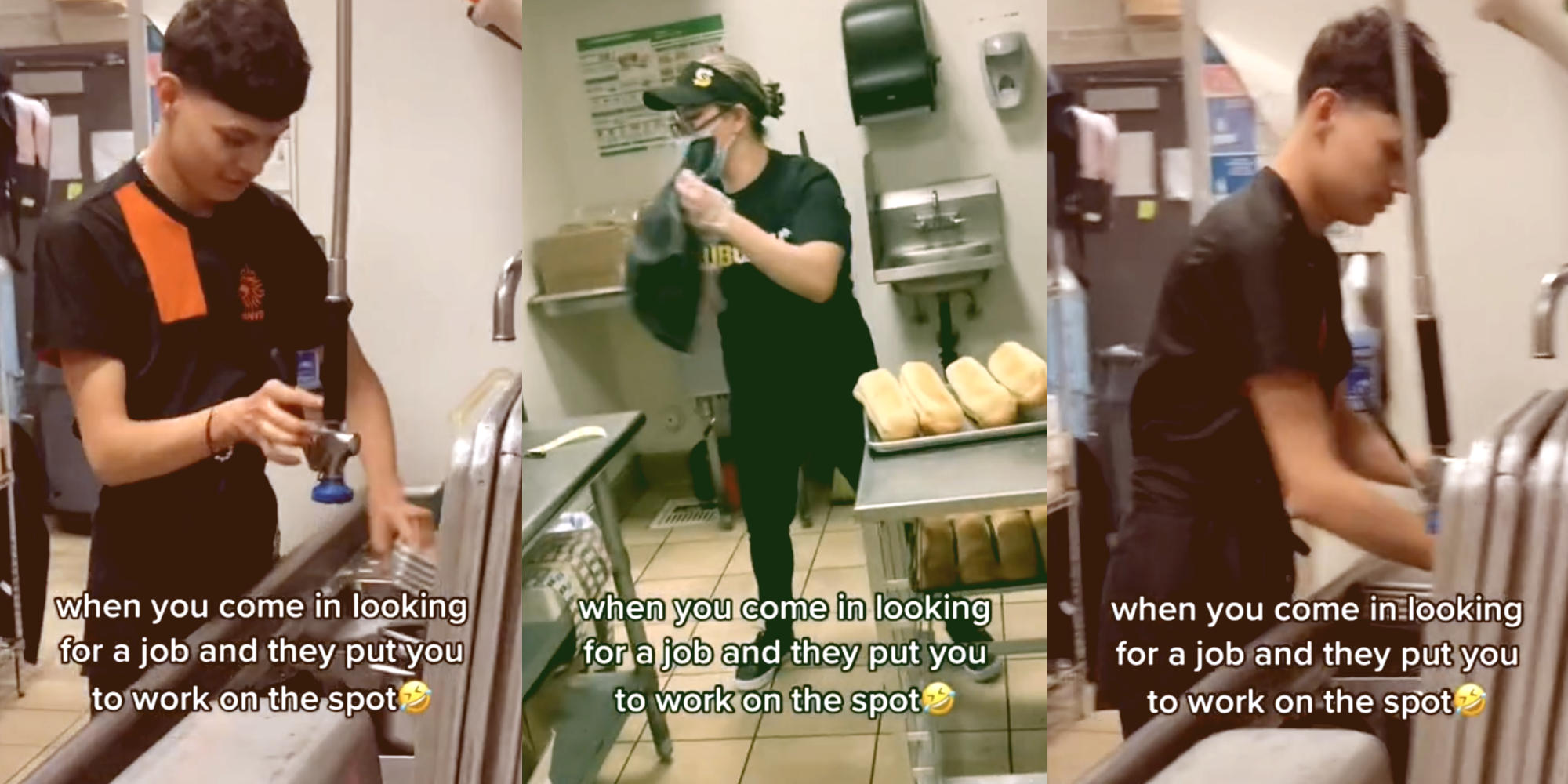 image of a man washing dishes (l) image of a woman moving bread loaves (m) image of a man drying dishes (r))