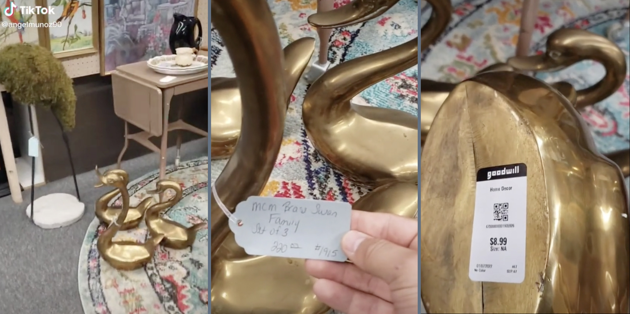 Brass swans (L), price tag for $220 (M), Goodwill price tag for $8.99 (R)