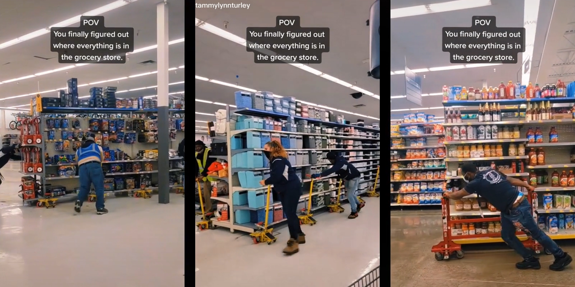 workers sliding stocked shelves into place with caption "POV you finally figured out where everything is in the grocery store"