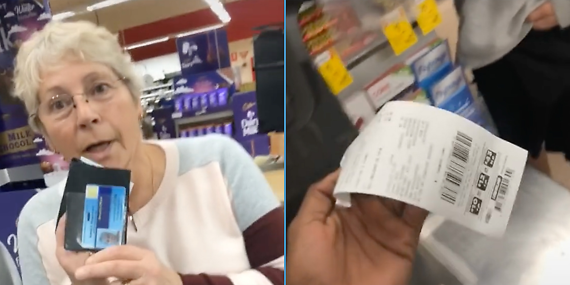 A woman holding an ID card (L) and a man holding a receipt (R).