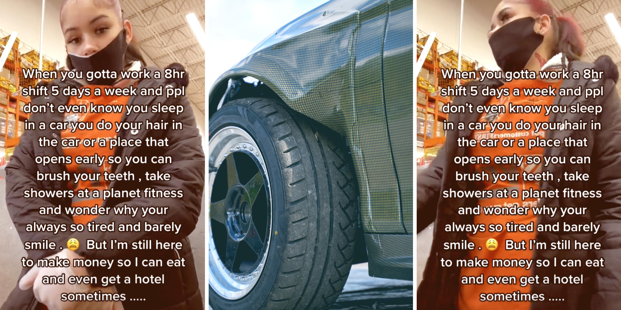 home depot employee looking at camera (l) photo of a car (m) home depot employee looking at a customer (r)