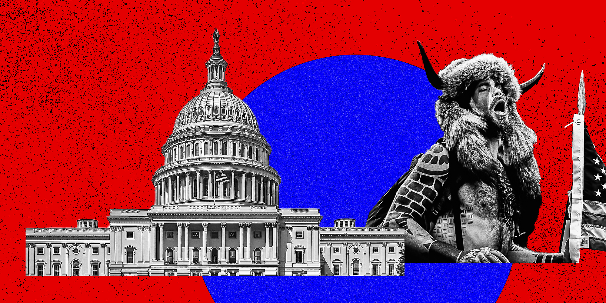 The US Capitol and a Capitol rioter.